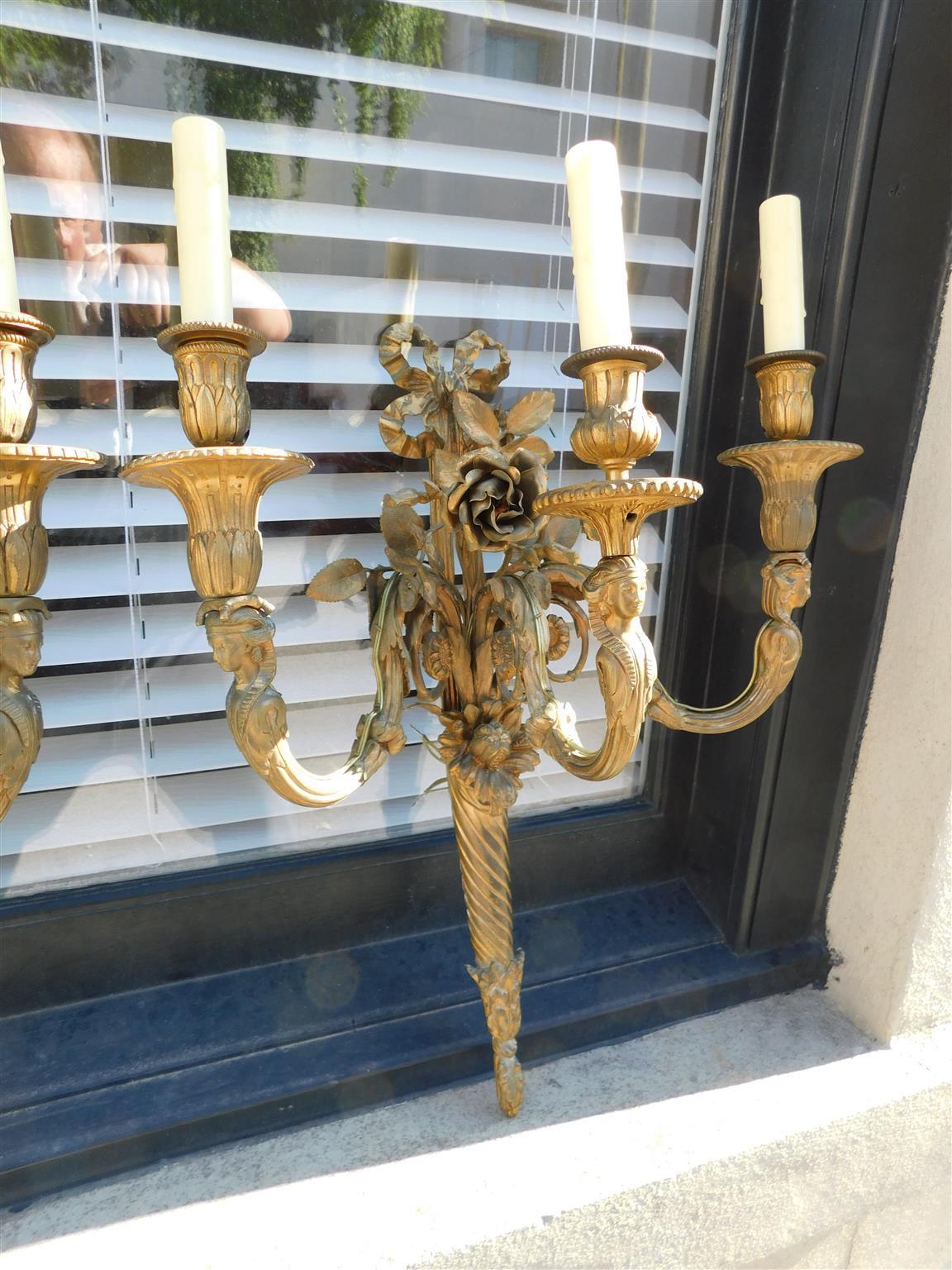 Pair of French Gilt Bronze Three Arm Sconces. Circa 1810 For Sale 7