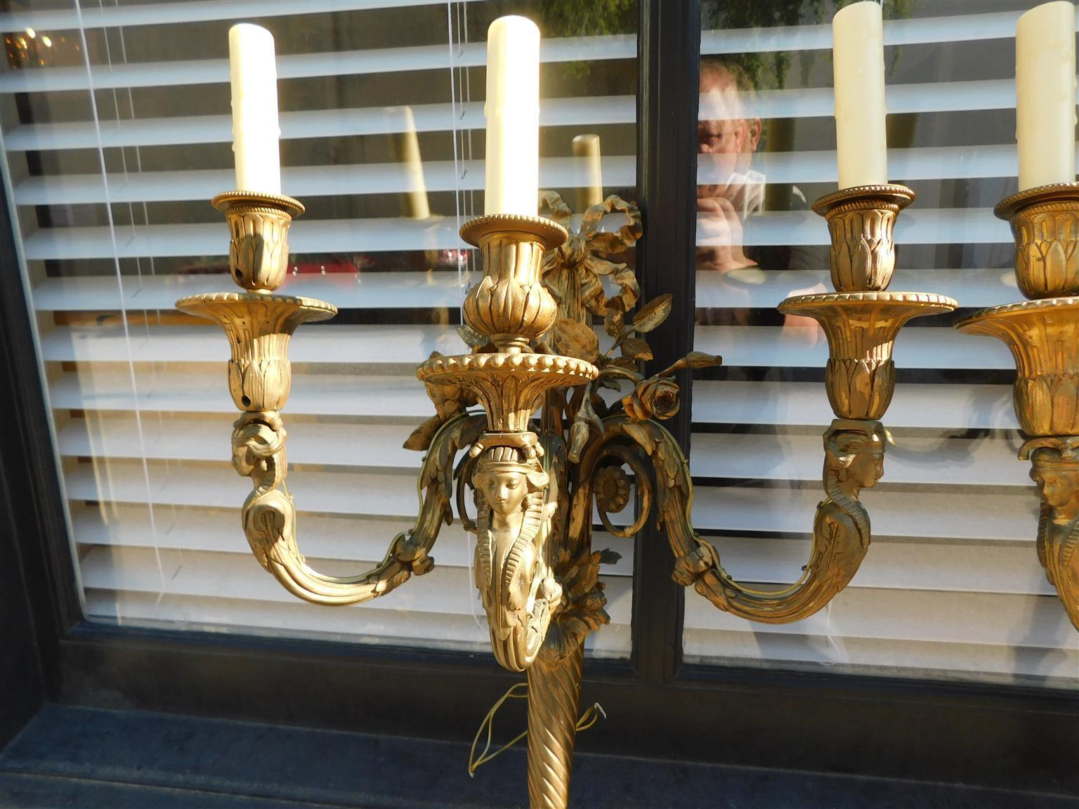 Pair of French Gilt Bronze Three Arm Sconces. Circa 1810 For Sale 8
