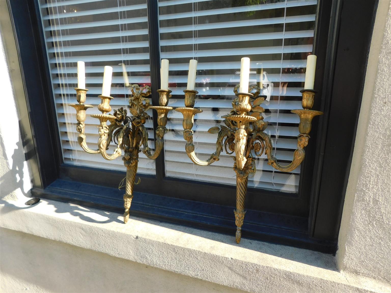 Pair of French Gilt Bronze Three Arm Sconces. Circa 1810 In Excellent Condition For Sale In Hollywood, SC