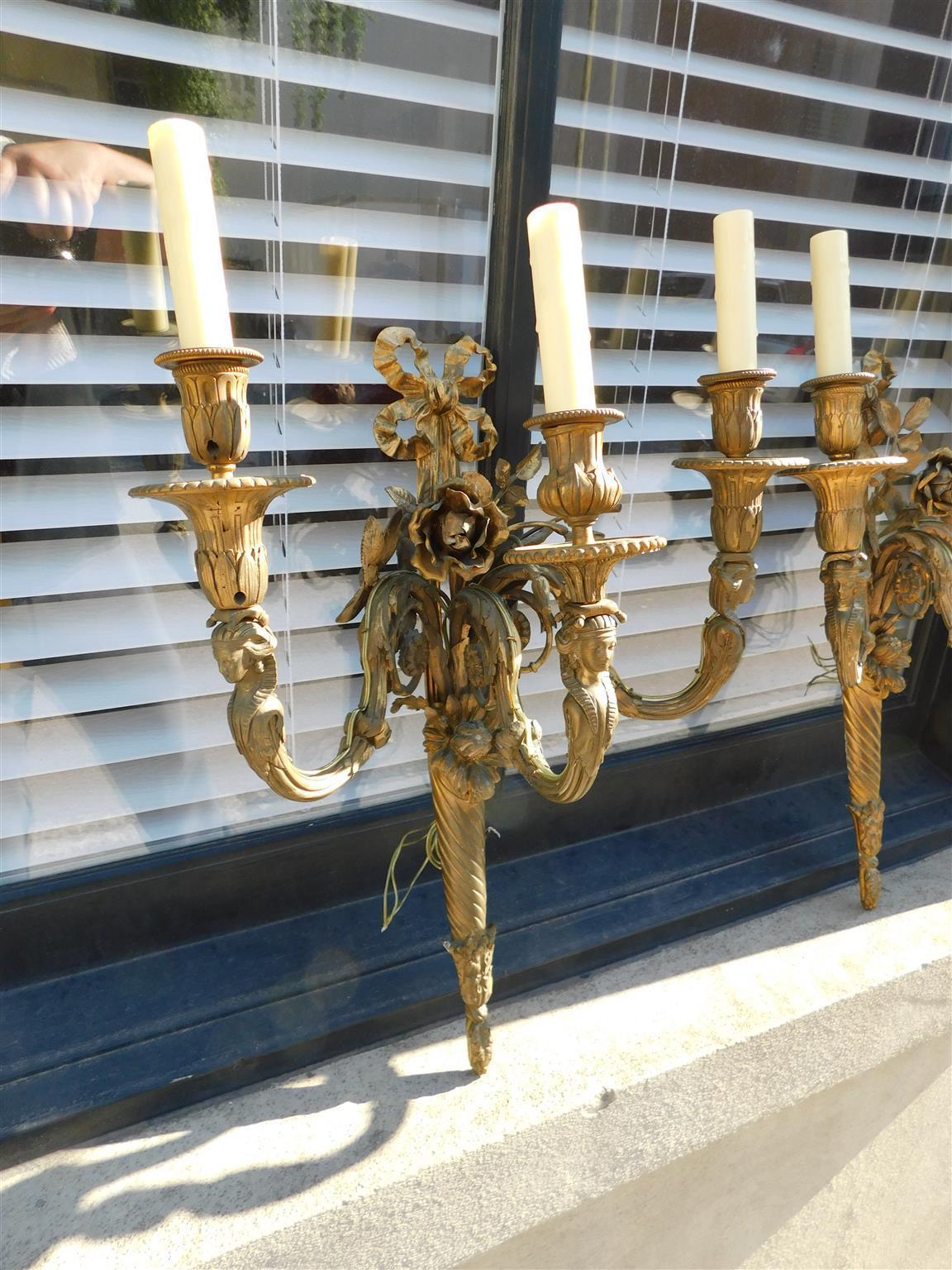 Pair of French Gilt Bronze Three Arm Sconces. Circa 1810 For Sale 3