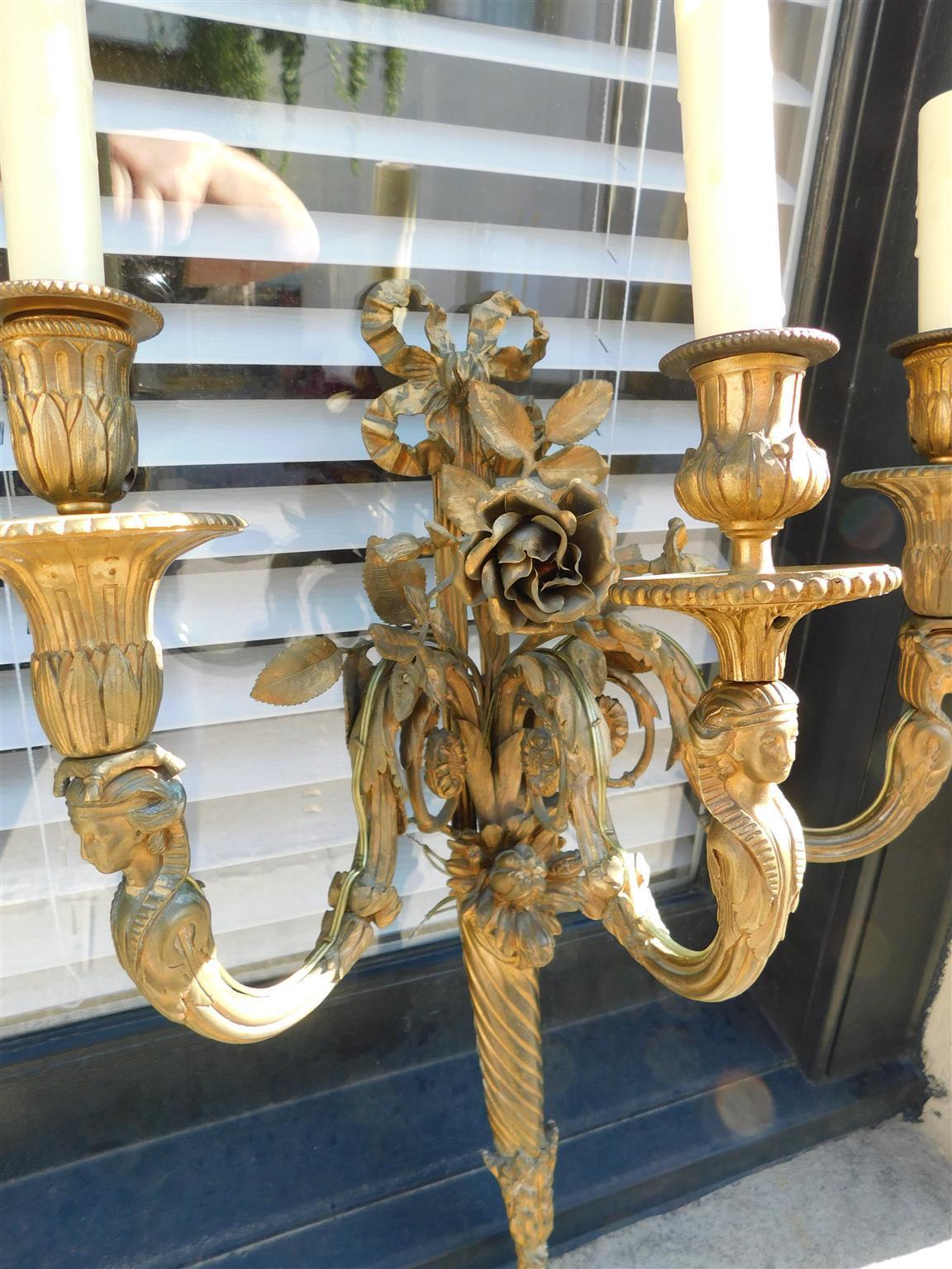 Pair of French Gilt Bronze Three Arm Sconces. Circa 1810 For Sale 5