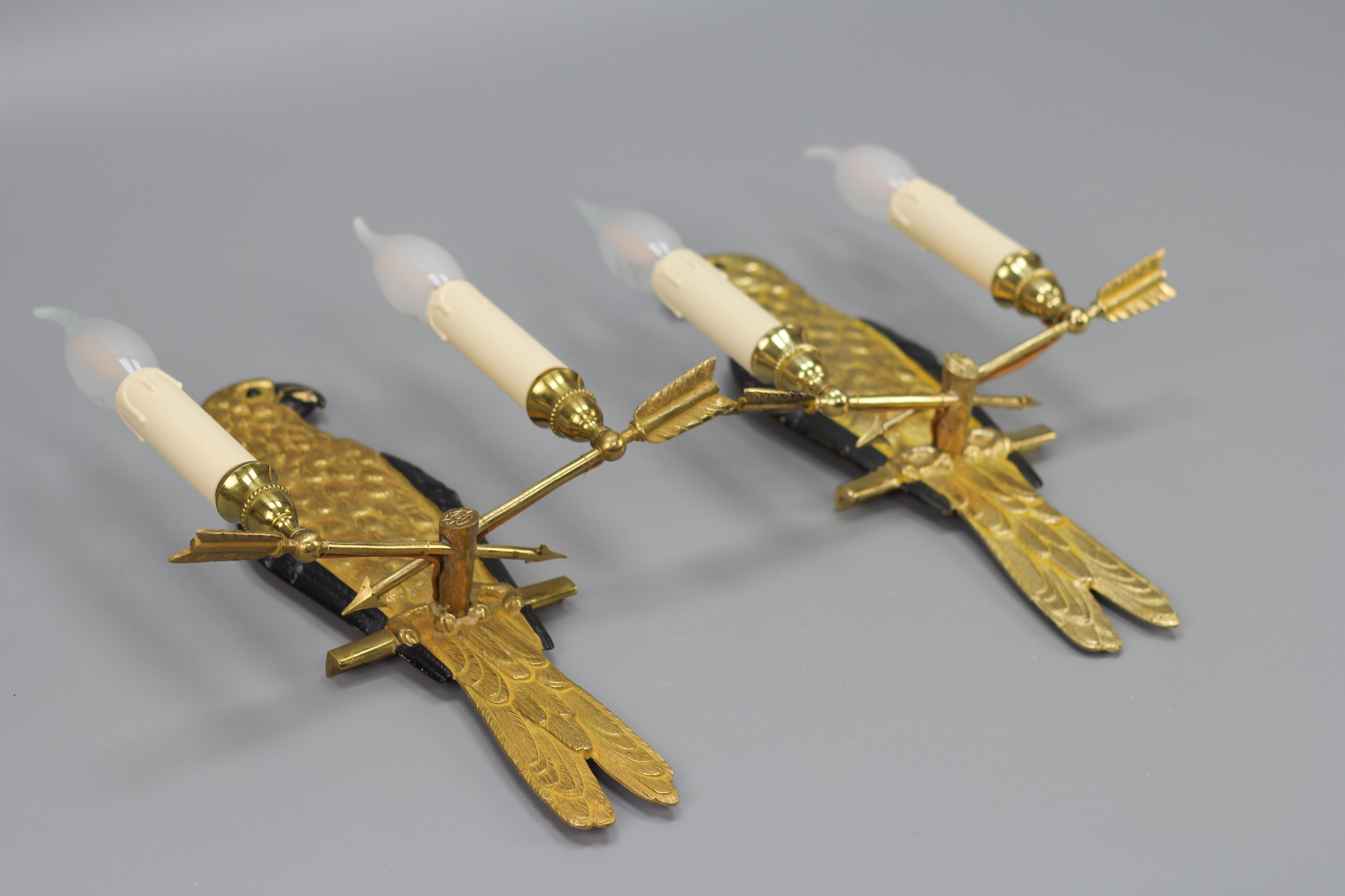 Pair of Hollywood Regency Style French Gilt Bronze Two-Light Parrot Wall Sconces For Sale 8
