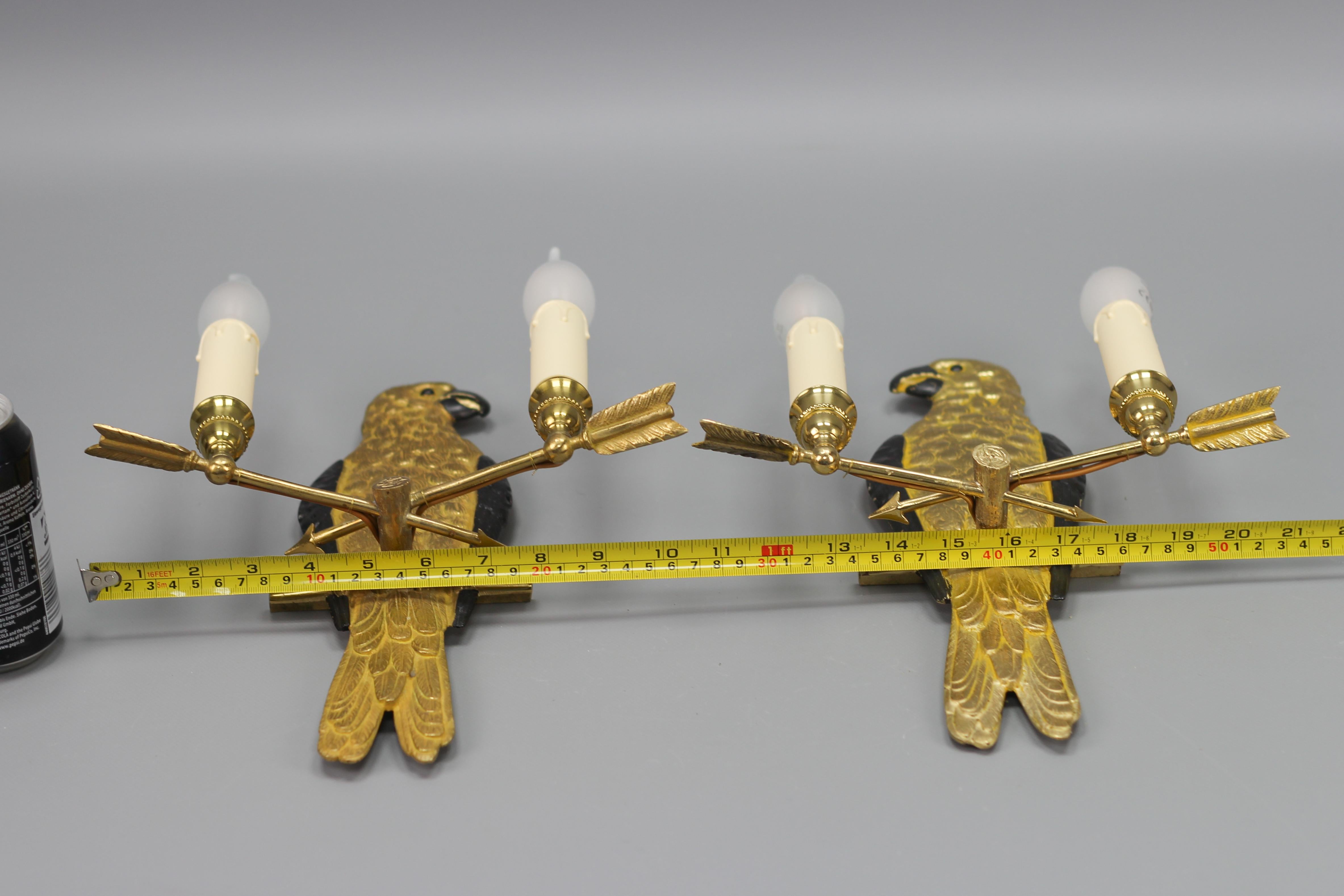 Pair of Hollywood Regency Style French Gilt Bronze Two-Light Parrot Wall Sconces For Sale 9
