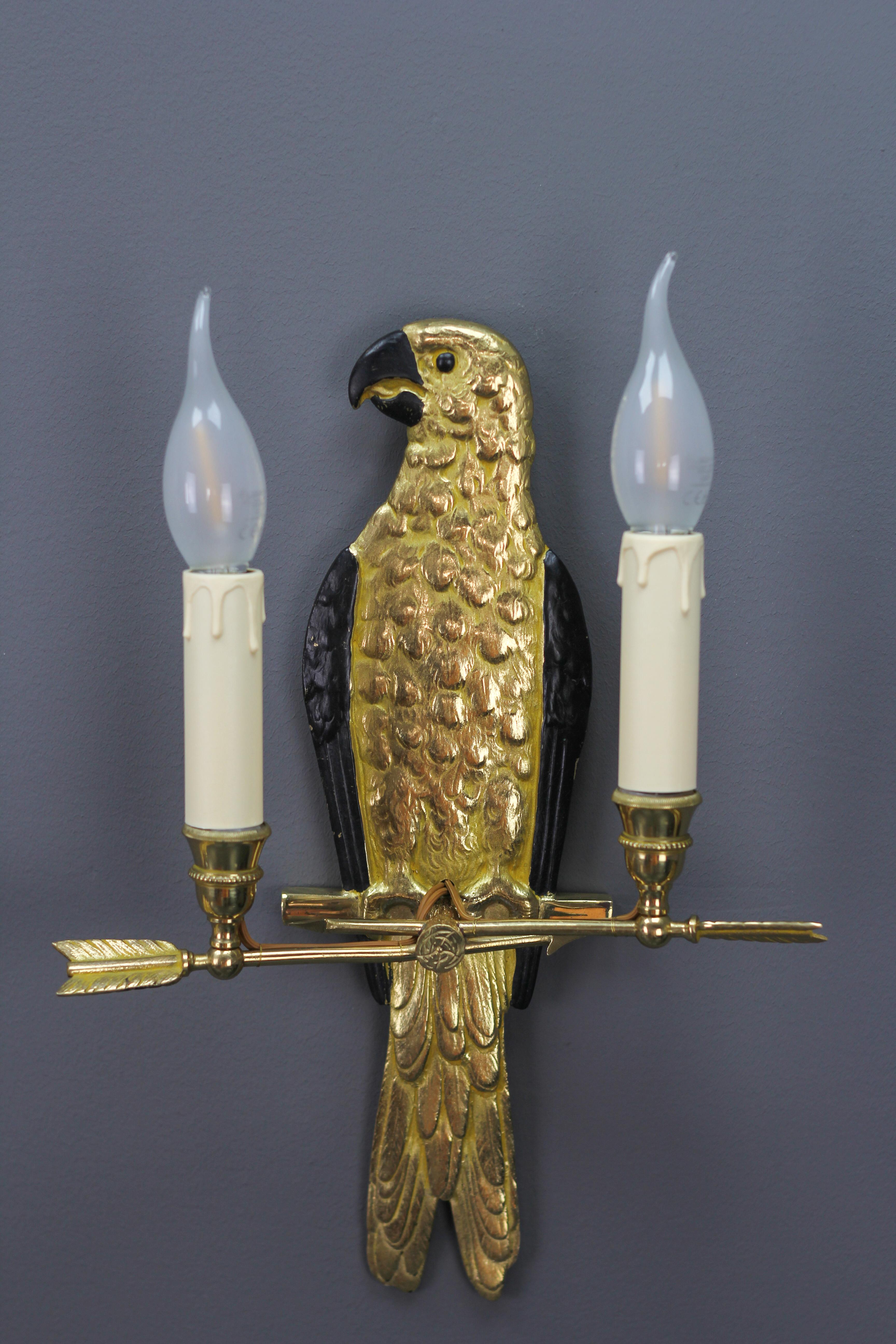Brass Pair of Hollywood Regency Style French Gilt Bronze Two-Light Parrot Wall Sconces For Sale