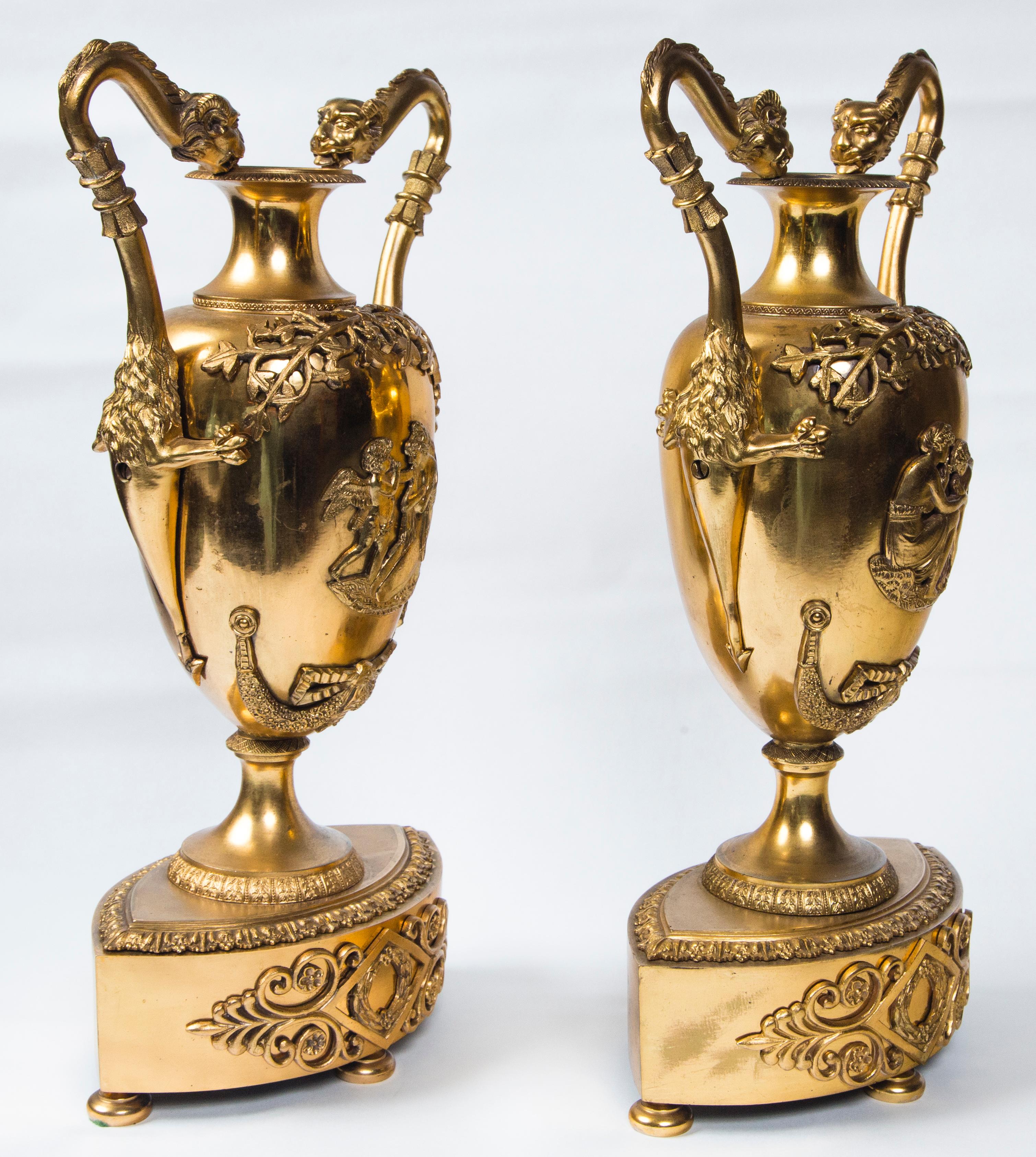 Empire Pair of French Gilt Bronze Urns