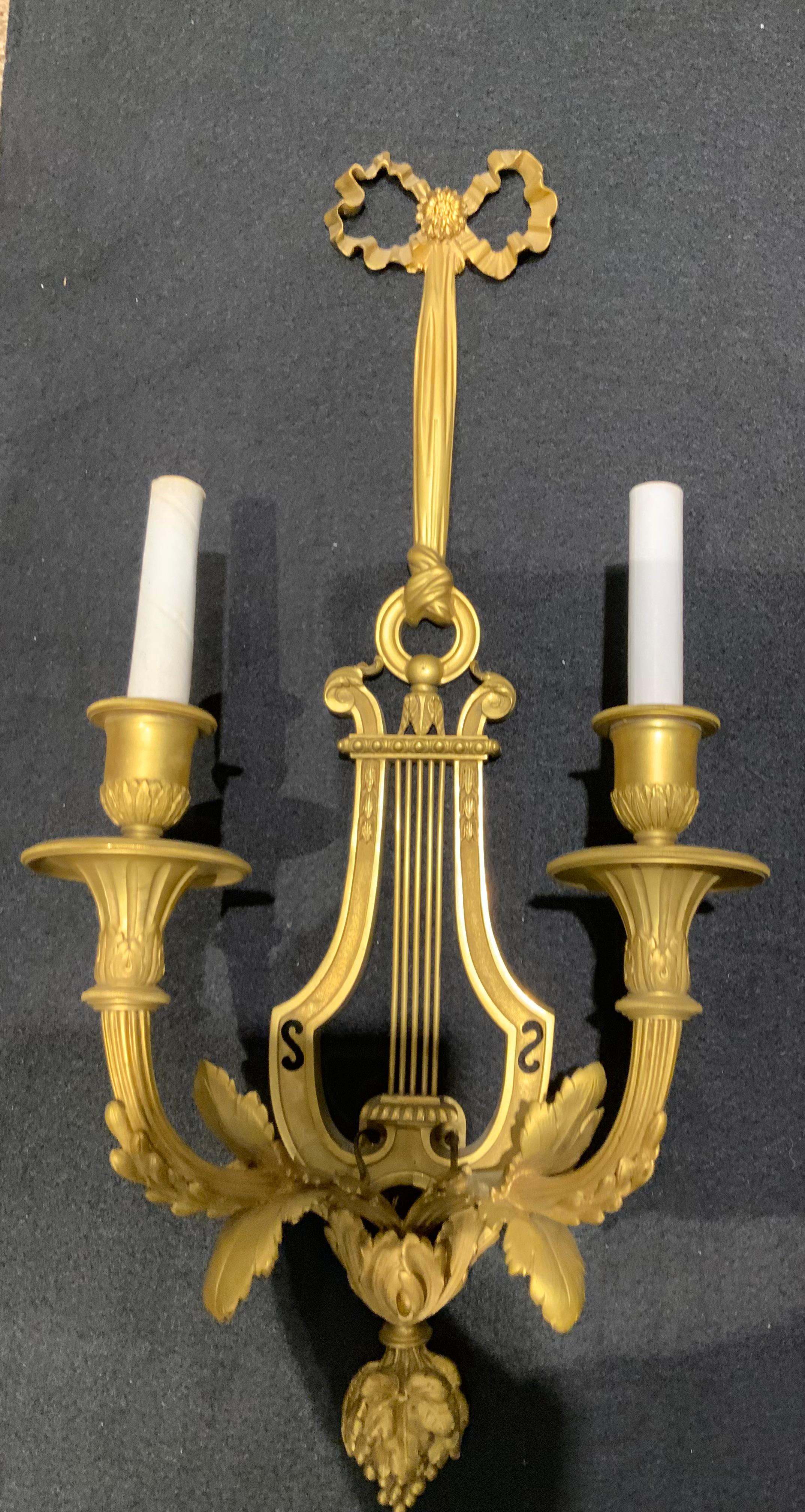 19th Century Pair of  French gilt bronze wall sconces with two lights, 19 th c. For Sale