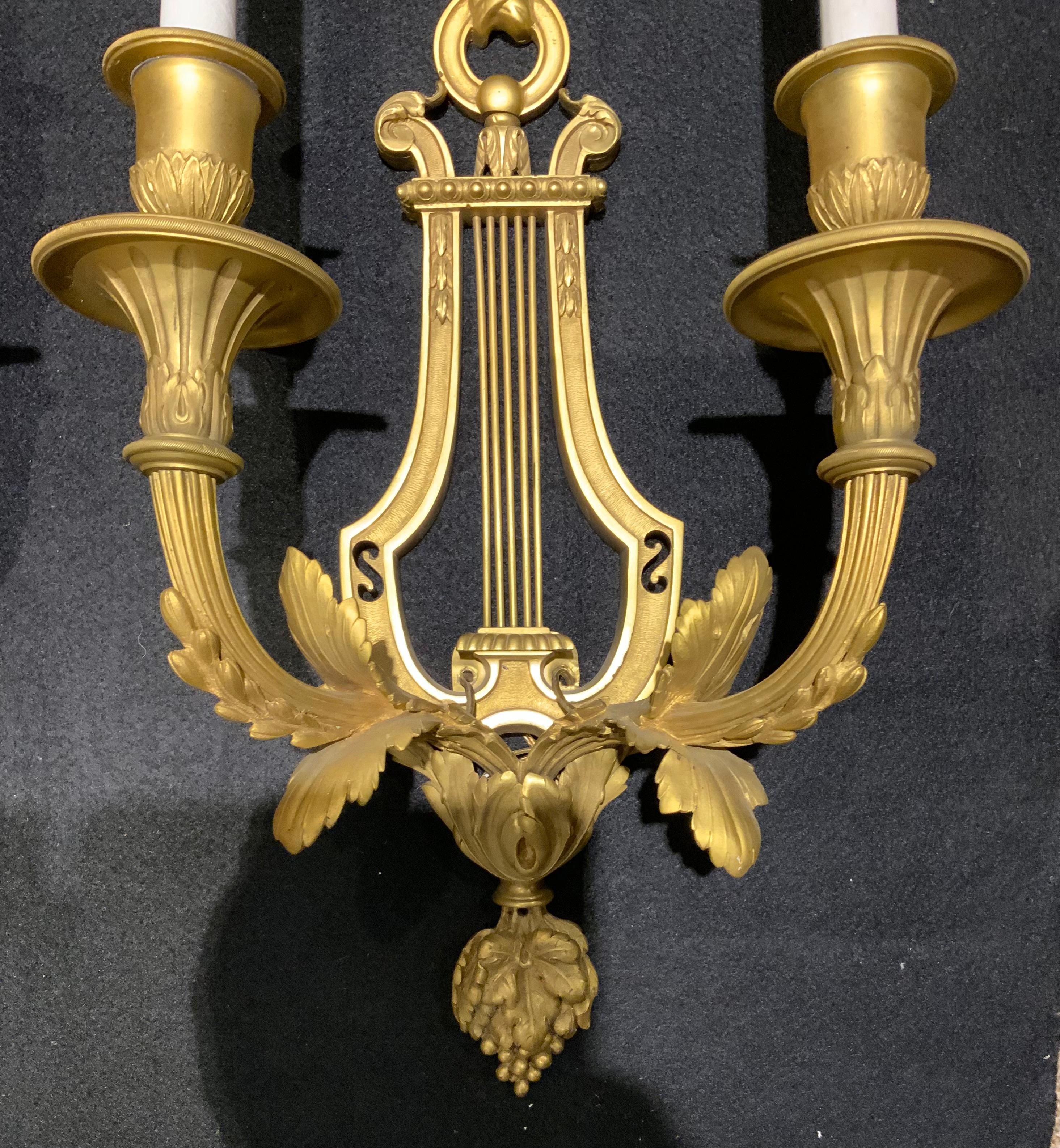 Pair of  French gilt bronze wall sconces with two lights, 19 th c. For Sale 1