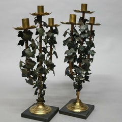 Pair of French Gilt and Bronzed Metal Figural Leaf 3-Light Candelabra circa 1900