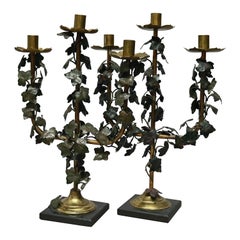 Pair of French Gilt and Bronzed Metal Figural Leaf 3-Light Candelabra circa 1900