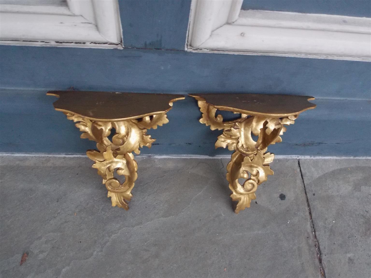 Louis Philippe Pair of French Gilt Carved Wood Floral Scrolled & Scalloped Wall Brackets C 1850