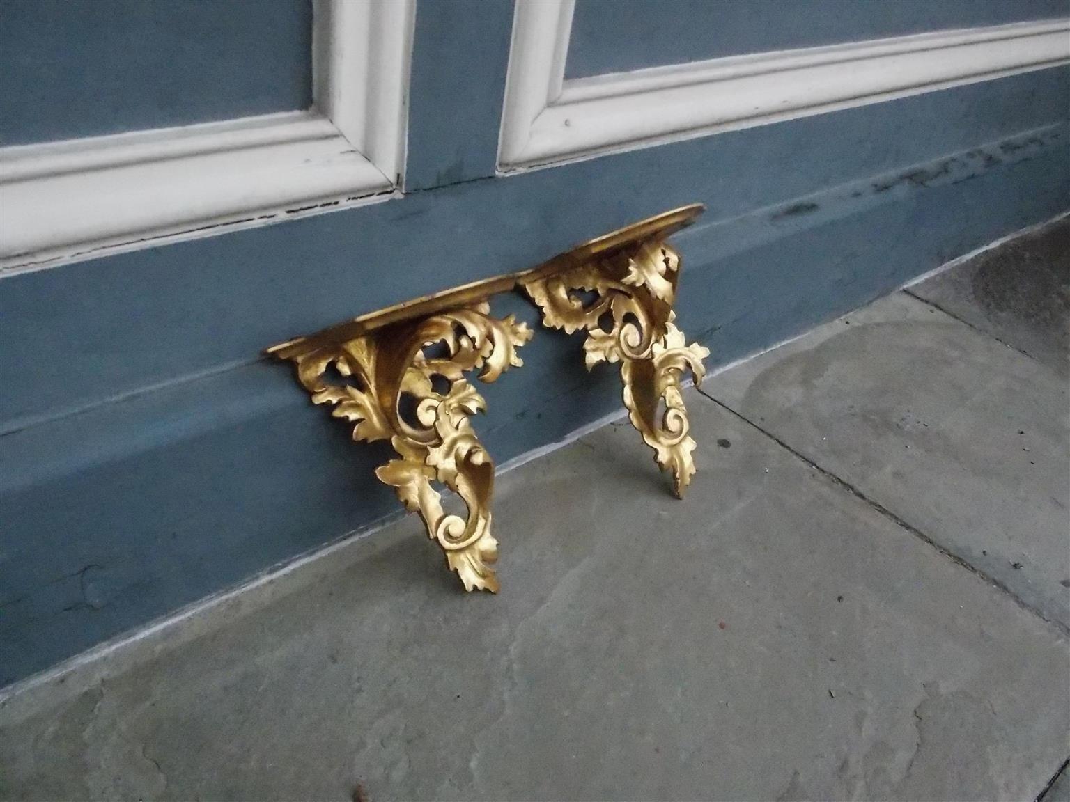 Hand-Carved Pair of French Gilt Carved Wood Floral Scrolled & Scalloped Wall Brackets C 1850