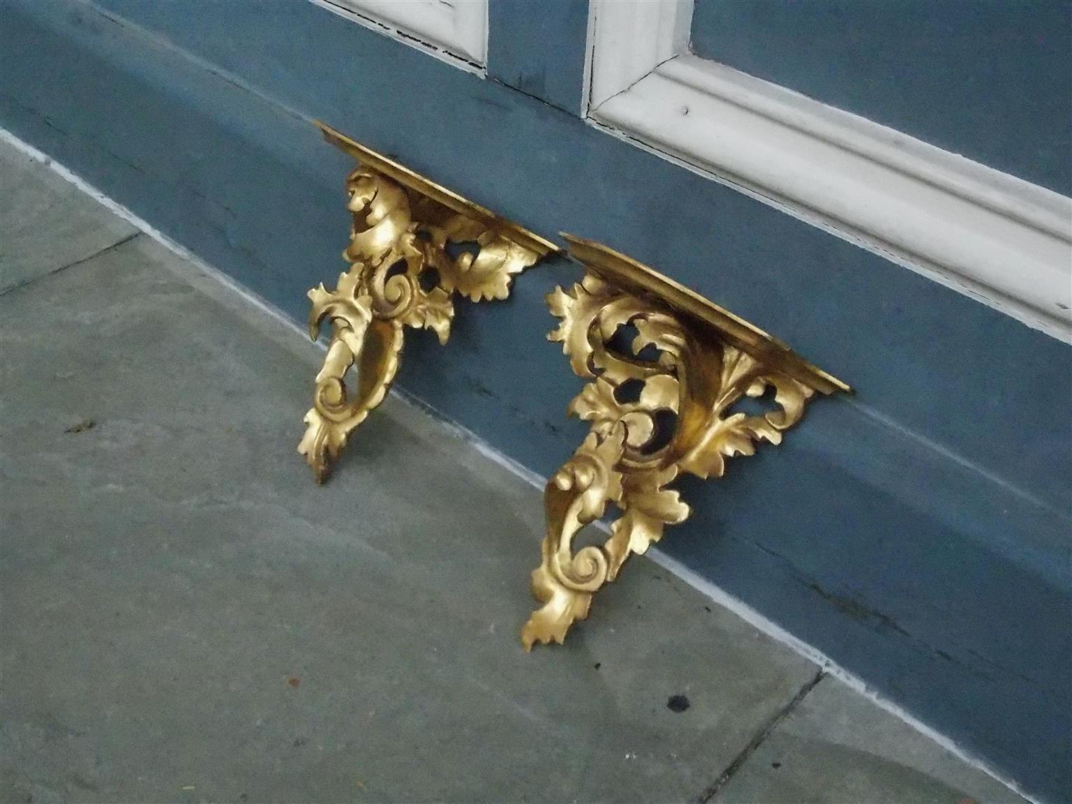 Pair of French Gilt Carved Wood Floral Scrolled & Scalloped Wall Brackets C 1850 In Excellent Condition In Hollywood, SC