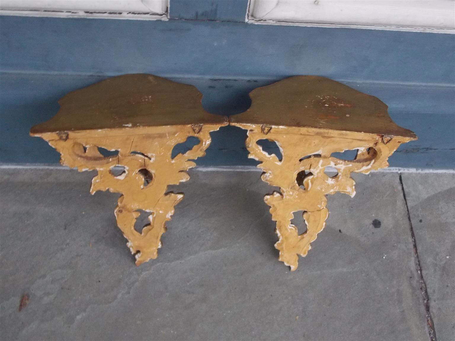 Mid-19th Century Pair of French Gilt Carved Wood Floral Scrolled & Scalloped Wall Brackets C 1850