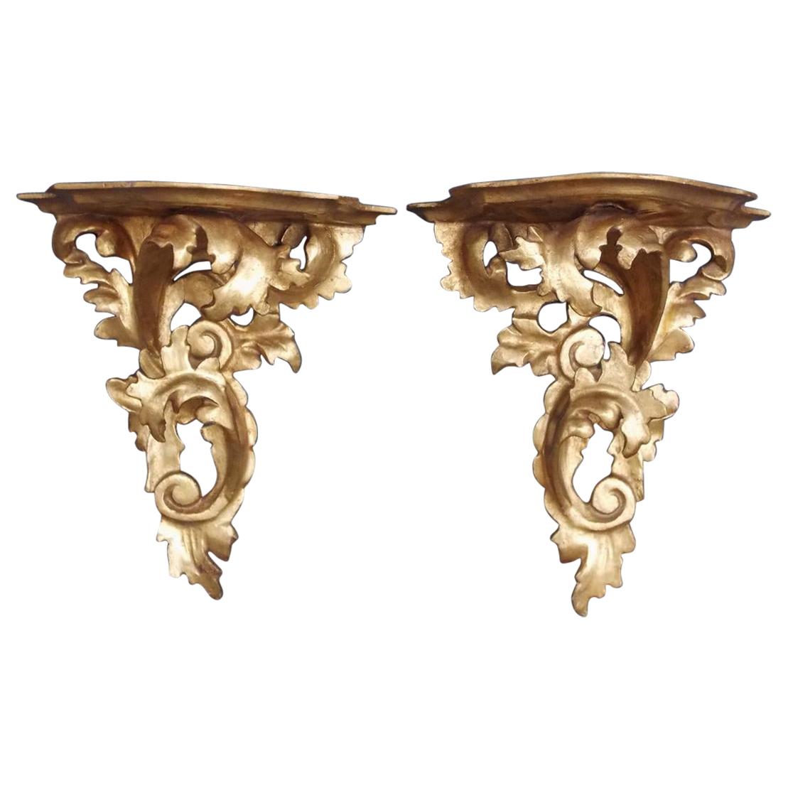 Pair of French Gilt Carved Wood Floral Scrolled & Scalloped Wall Brackets C 1850