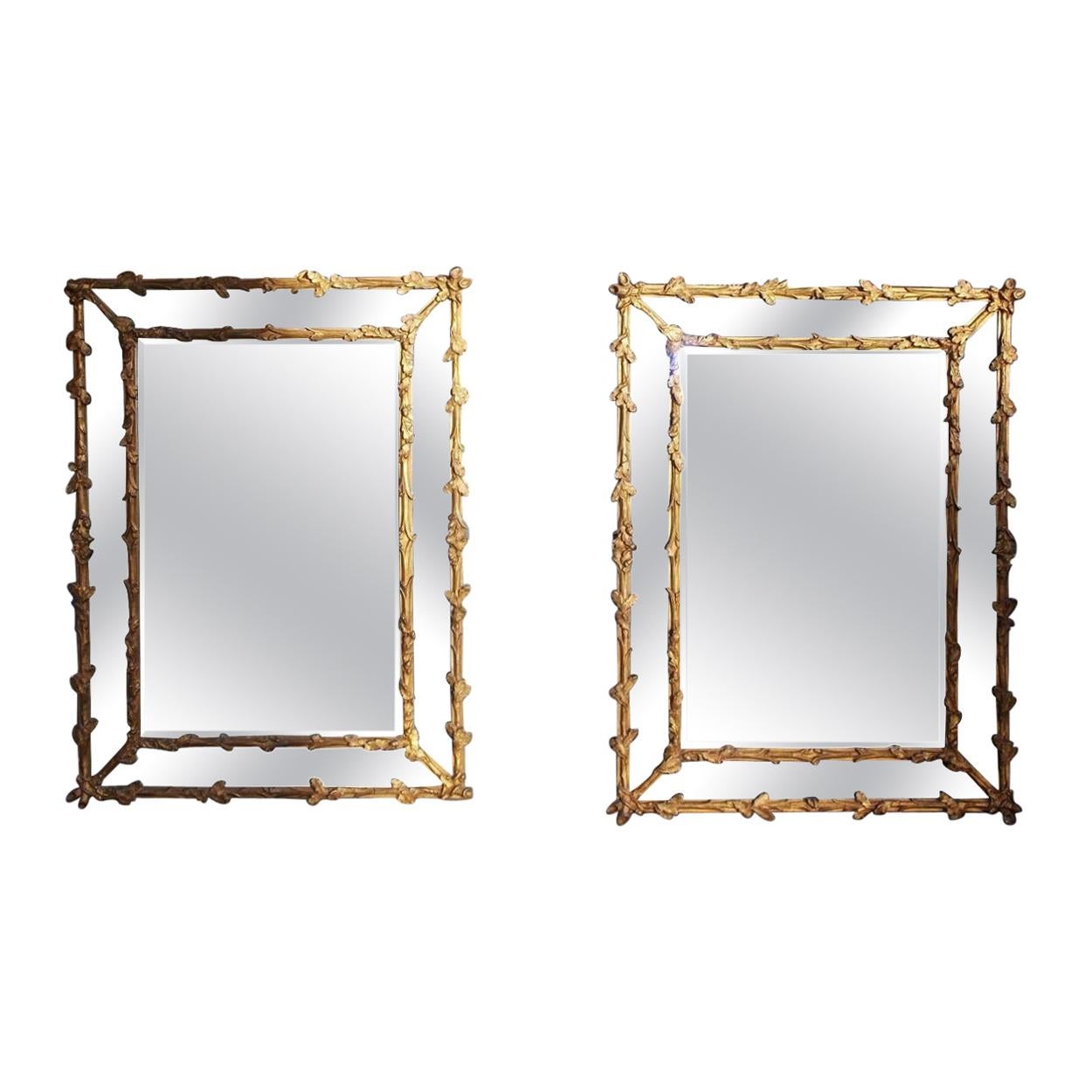 Pair of French Gilt Carved Wood Foliage and Acorn Motif Wall Mirrors, C. 1840