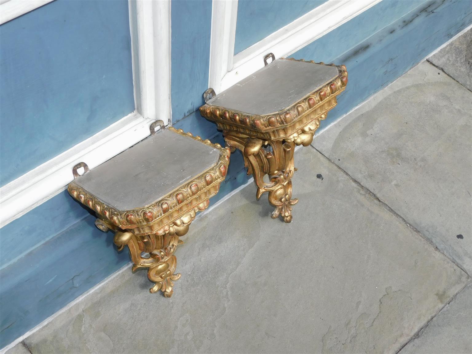 Louis Philippe Pair of French Gilt Carved Wood & Gesso Foliage Gadrooned Wall Brackets, C. 1820 For Sale