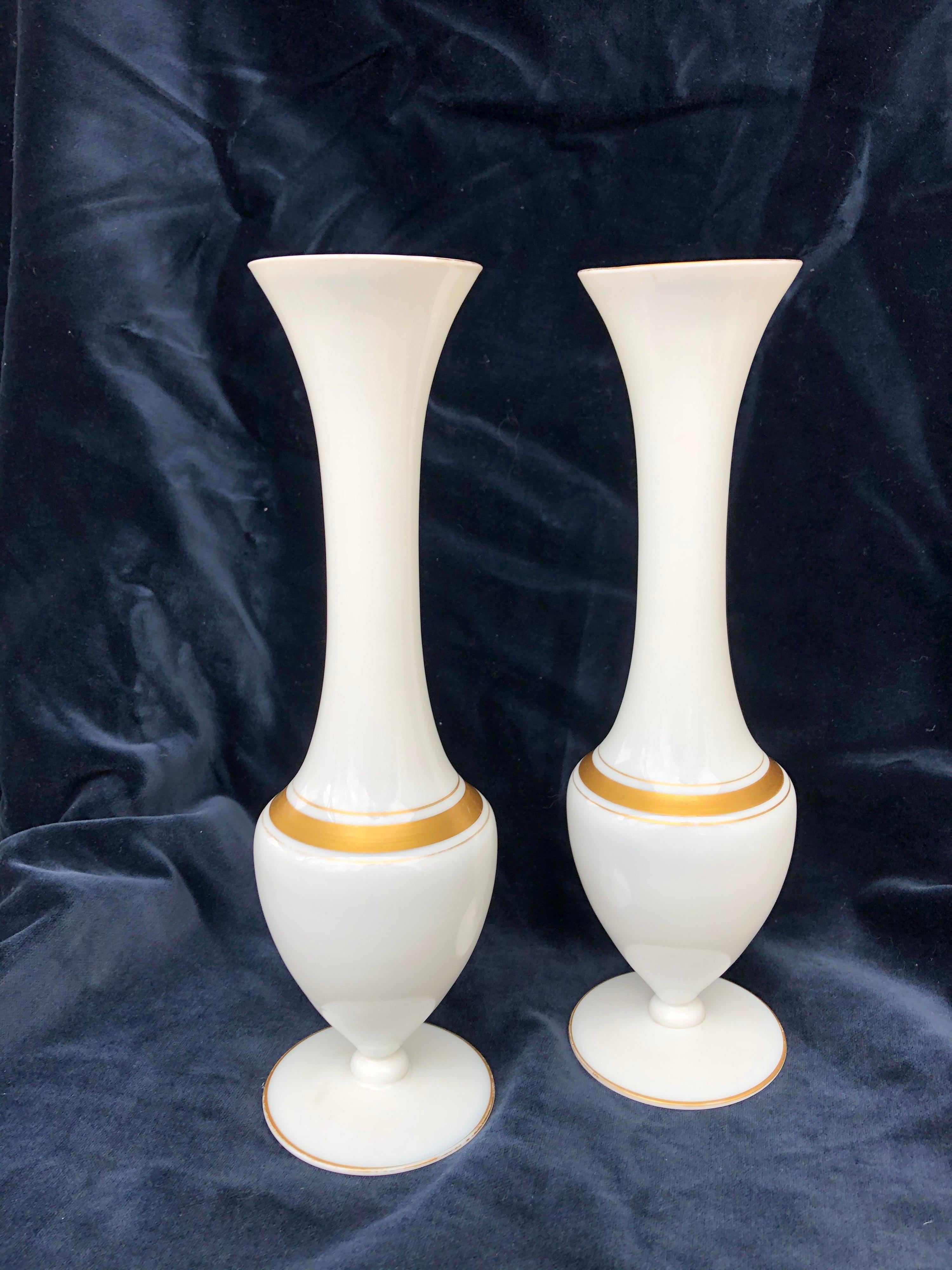 Pair of French gilt decorated opaline vases. Modern, but classical design. No imperfections.