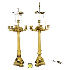 Pair of French Gilt Dore
 Bronze Tall Louis XVI Style Table Lamps