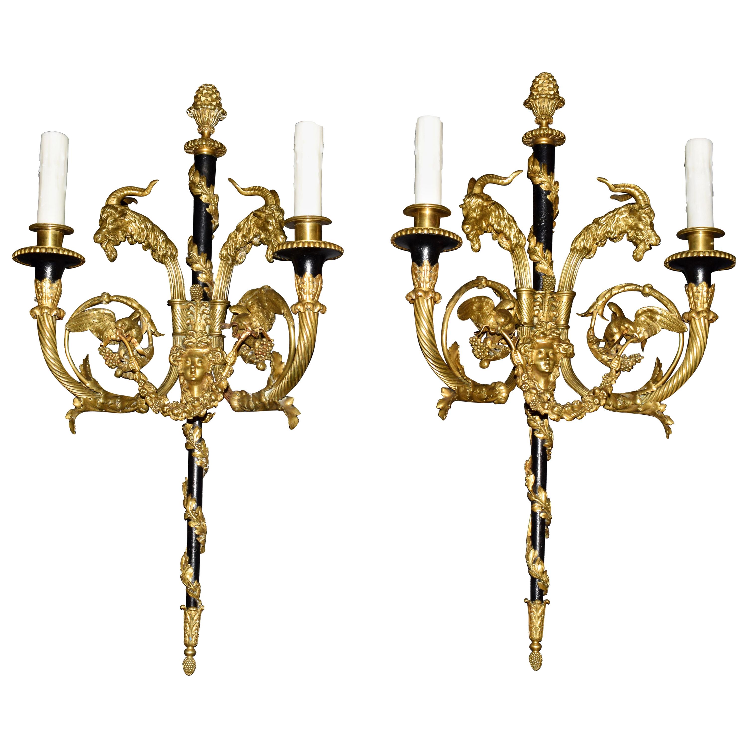 Pair of French Gilt and Enameled Bronze Two-Light Sconces signed Millet a Paris