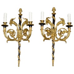 Antique Pair of French Gilt and Enameled Bronze Two-Light Sconces signed Millet a Paris