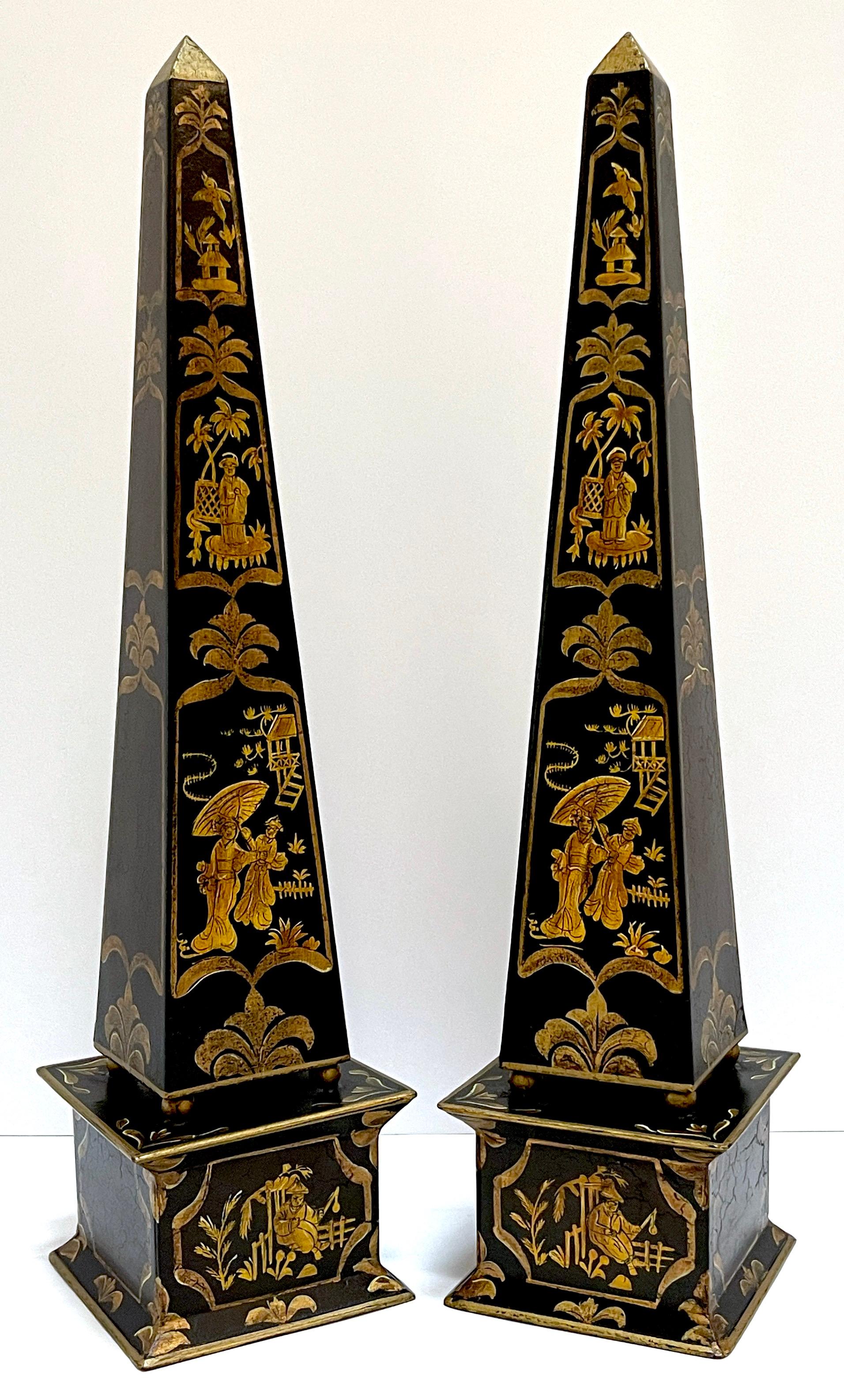Pair of French Gilt & Enameled Decorated Chinoiserie Tole Obelisks  
France, 20th Century 

A stunning pair of French gilt and enameled decorated chinoiserie tole obelisks from the 20th century. These obelisks are truly a sight to behold, showcasing