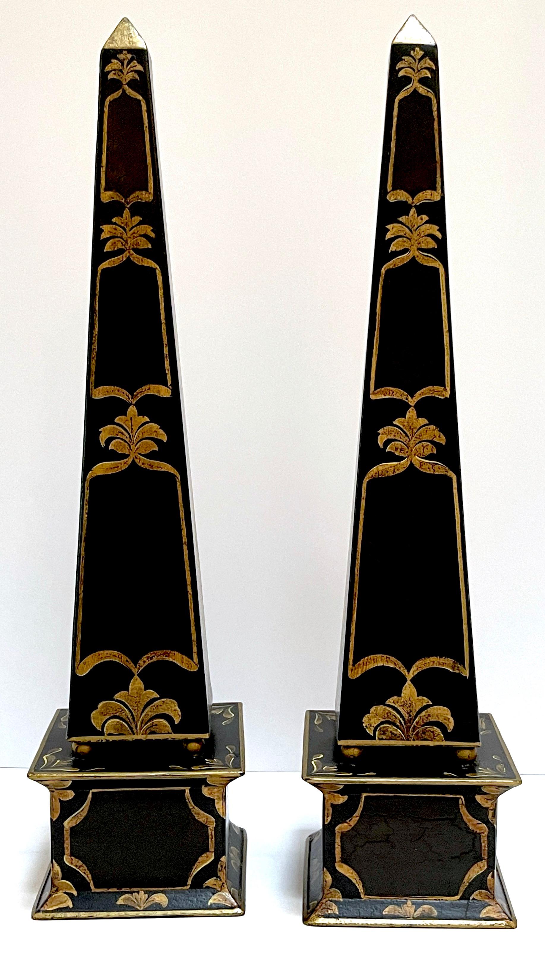 Metal Pair of French Gilt & Enameled Decorated Chinoiserie Tole Obelisks  