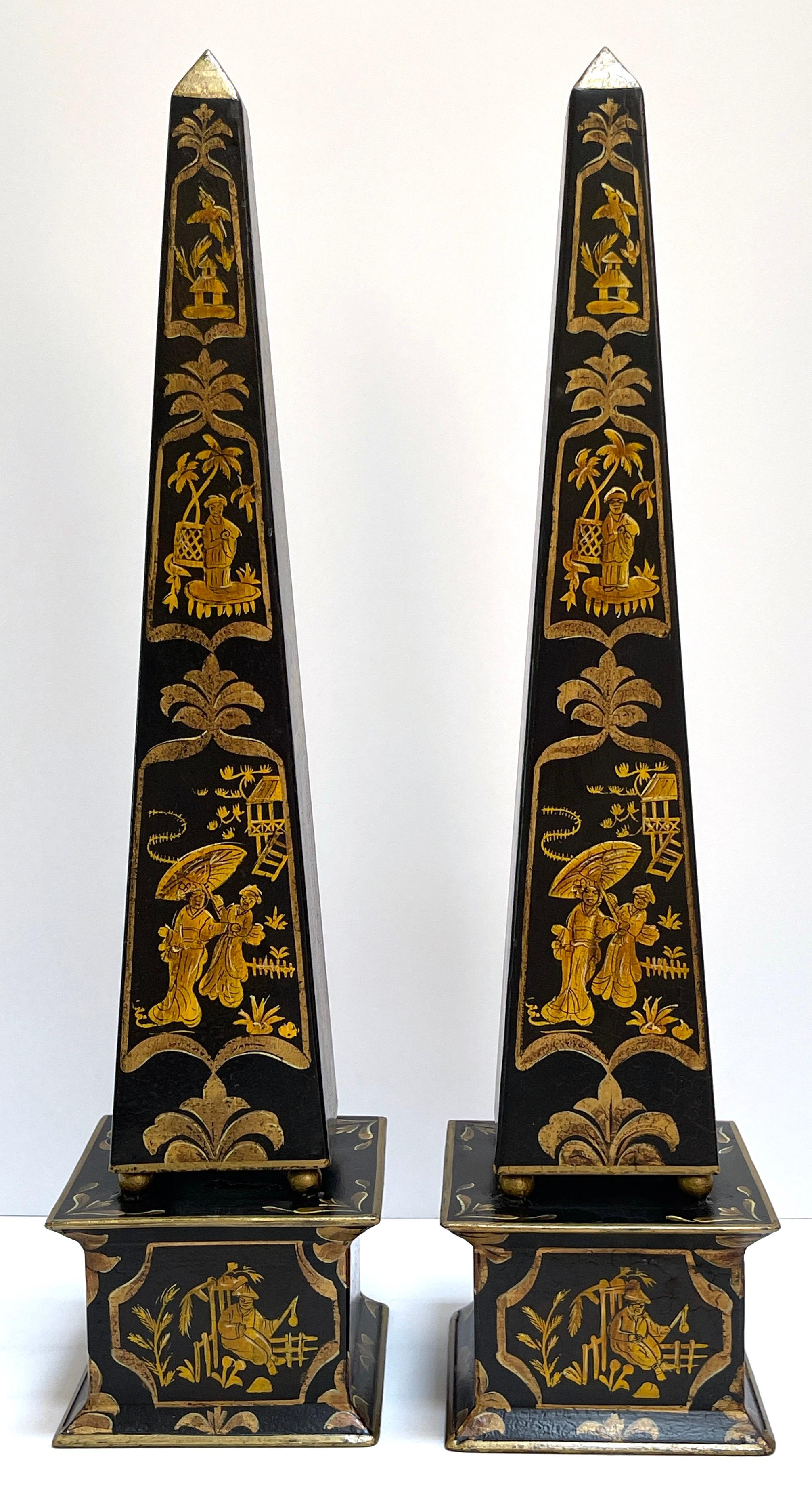 Pair of French Gilt & Enameled Decorated Chinoiserie Tole Obelisks   1