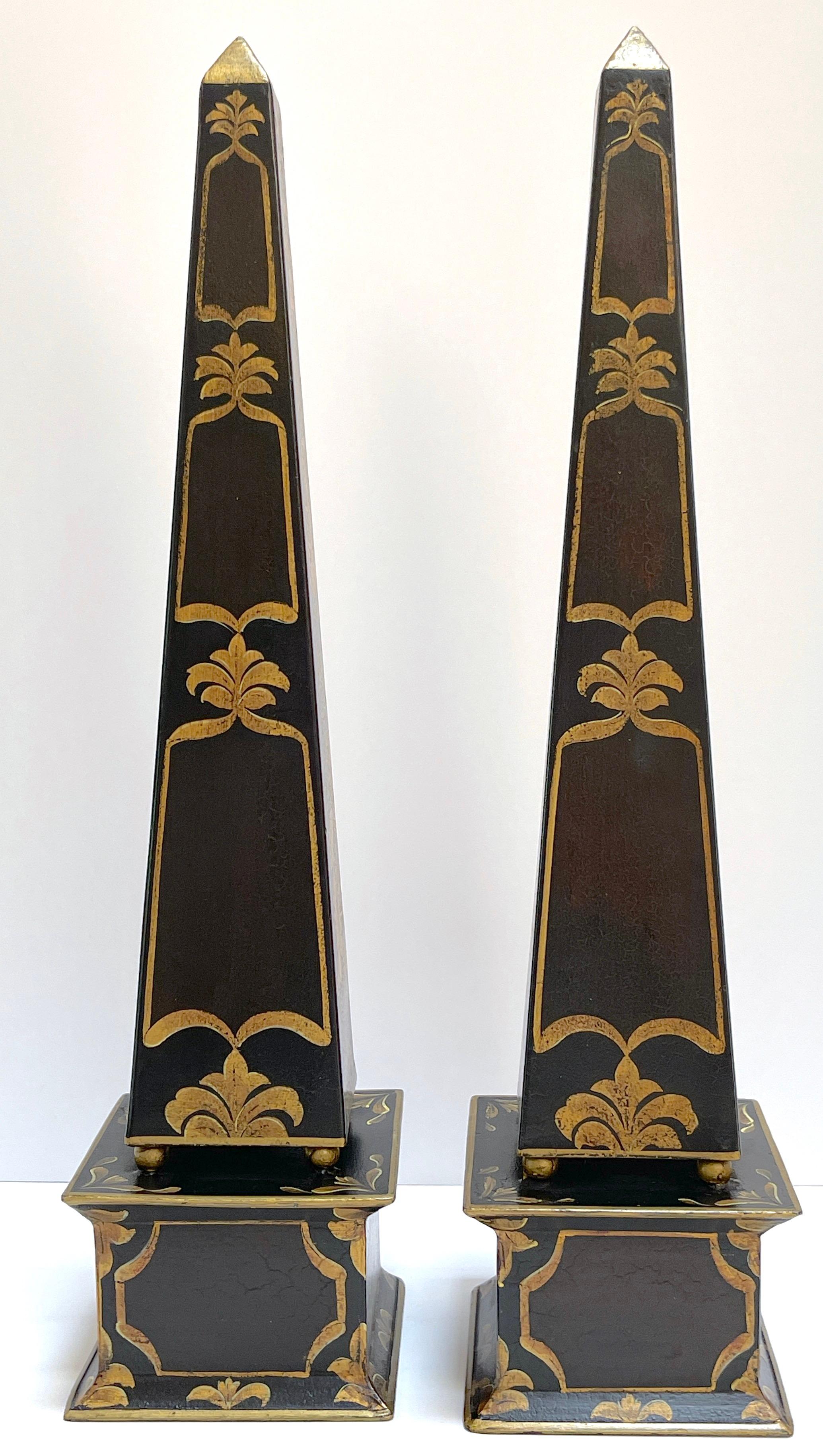 Pair of French Gilt & Enameled Decorated Chinoiserie Tole Obelisks   2