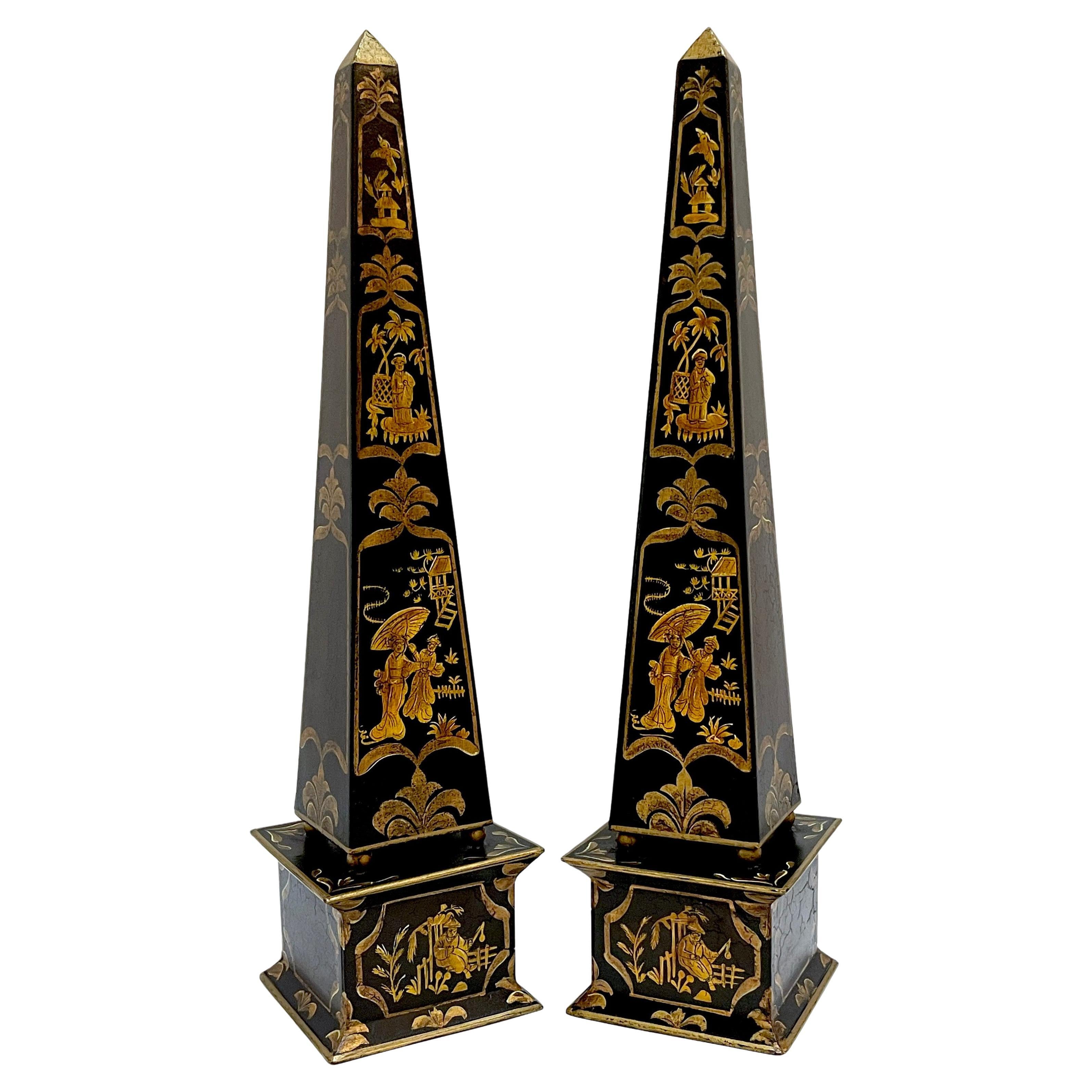 Pair of French Gilt & Enameled Decorated Chinoiserie Tole Obelisks  