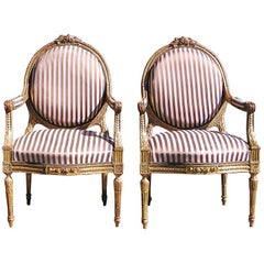 Antique Pair of French Gilt Floral Arm Chairs, Circa 1850