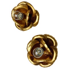 Pair of French Gilt Flower Wall / Ceiling Lights, circa 1970s