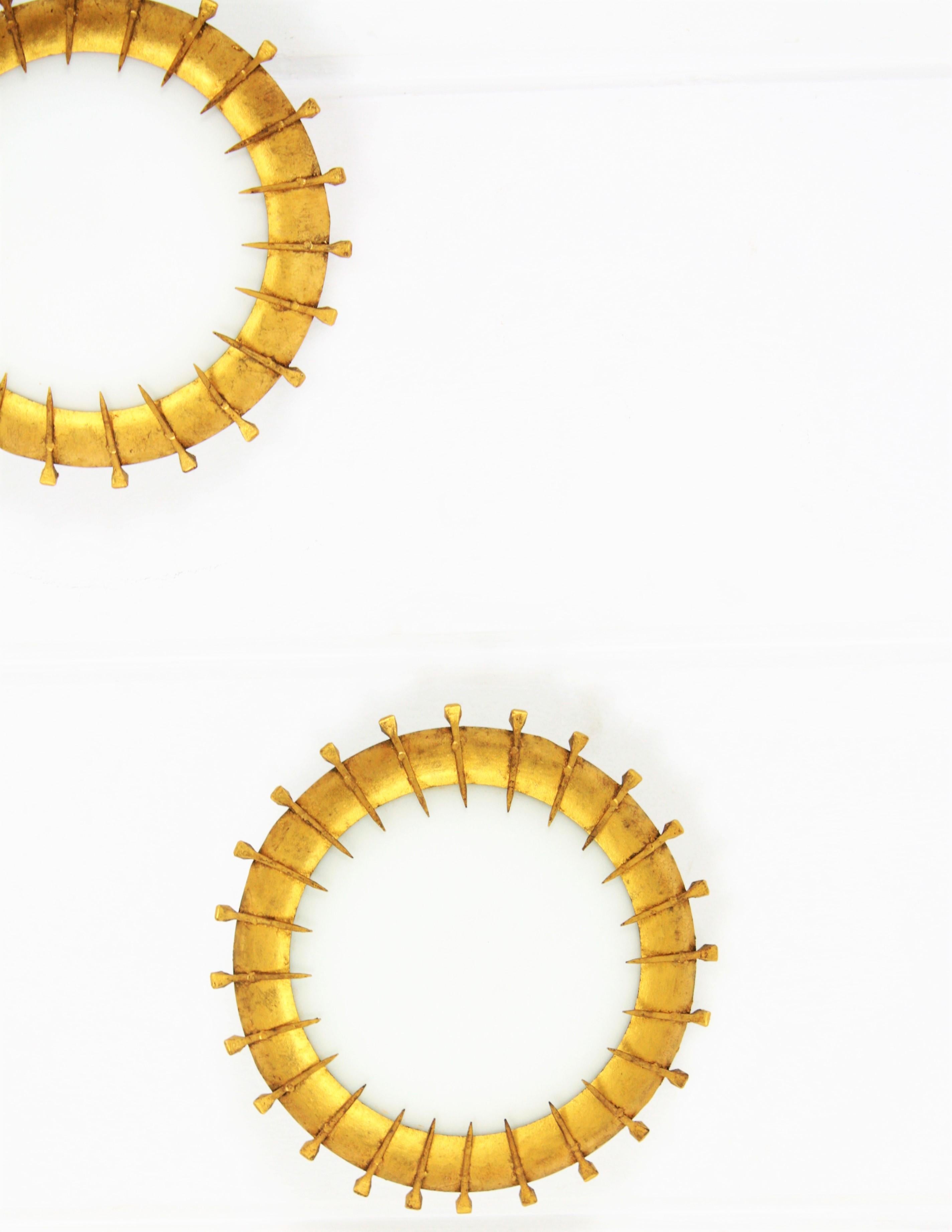 Pair of French Sunburst Light Fixtures with Nail Accents, Milk Glass, Gilt Iron For Sale 4