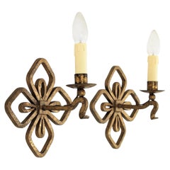 Pair of French Wall Sconces in Gilt Iron with Fleur de Lis Design