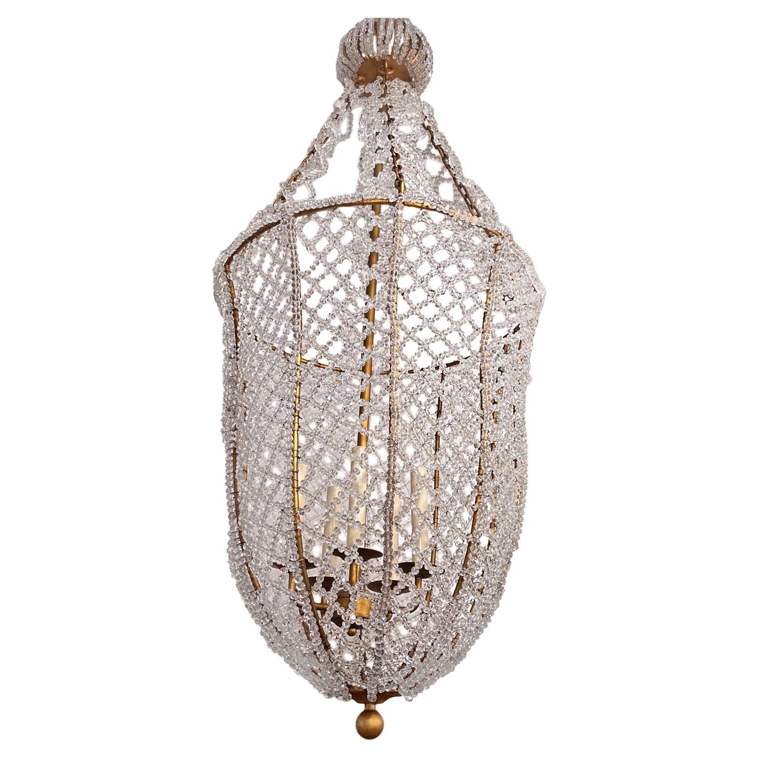 Pair of French Gilt Lanterns with Crystals For Sale