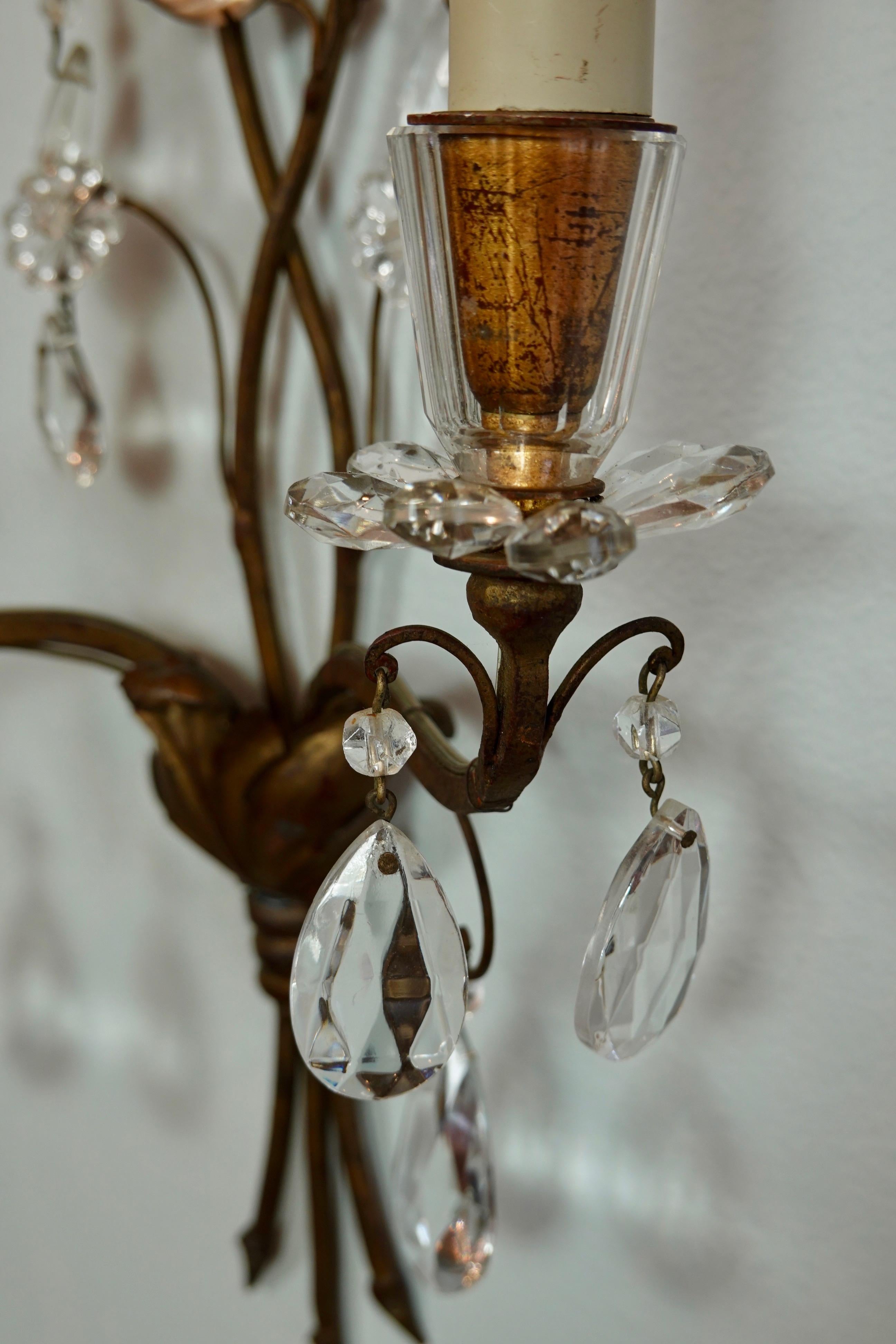 Pair of French Gilt-Metal and Crystal Leaf Sconces by Maison Baguès For Sale 7