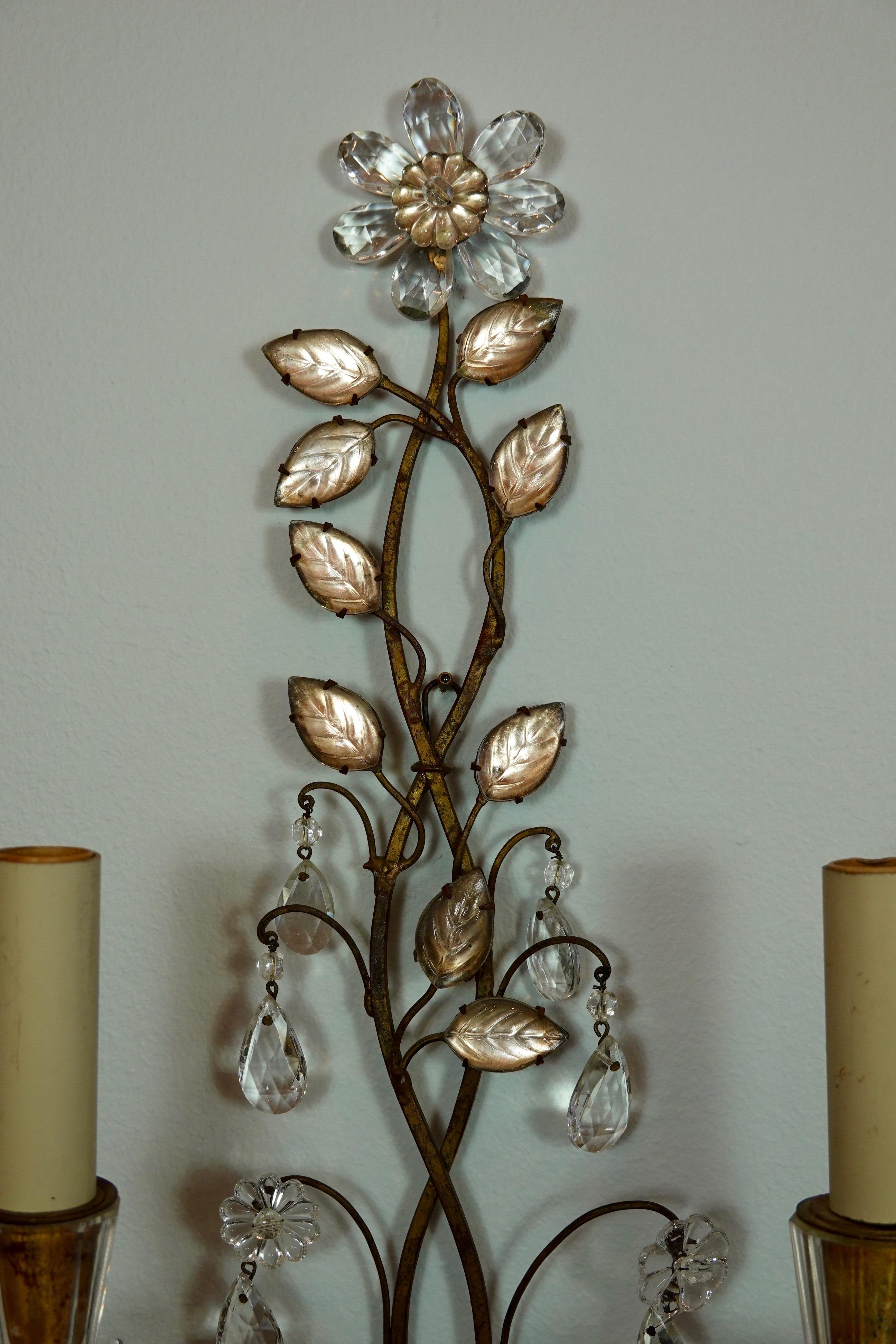 Pair of French Gilt-Metal and Crystal Leaf Sconces by Maison Baguès For Sale 9