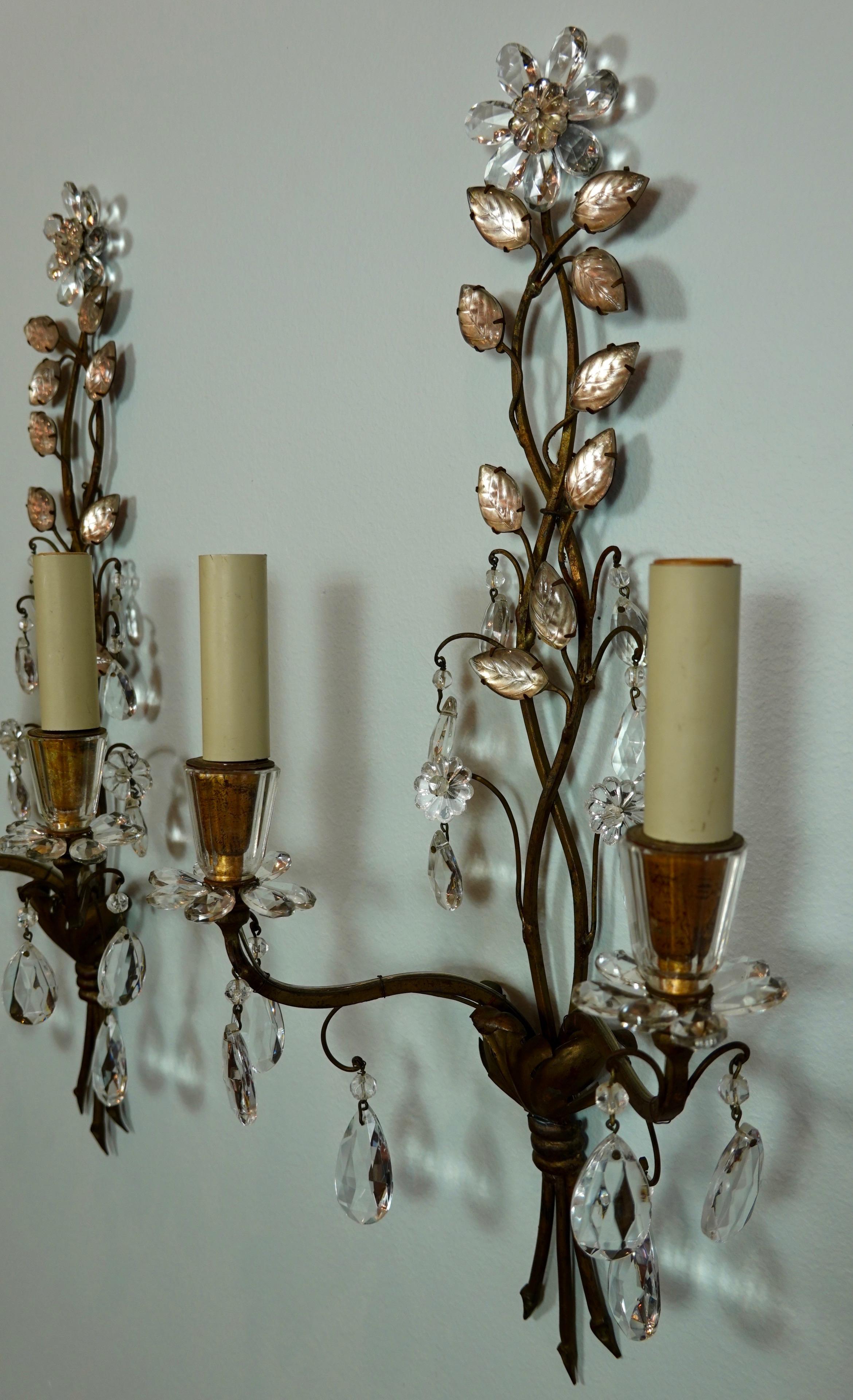 Iron Pair of French Gilt-Metal and Crystal Leaf Sconces by Maison Baguès For Sale