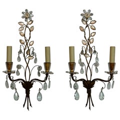 Pair of French Gilt-Metal and Crystal Leaf Sconces by Maison Baguès
