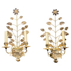Pair of French Gilt Metal and Glass Leaves Sconces, Circa 1920s