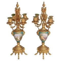 Pair of French Gilt Metal & Blue Porcelain Candelabras
