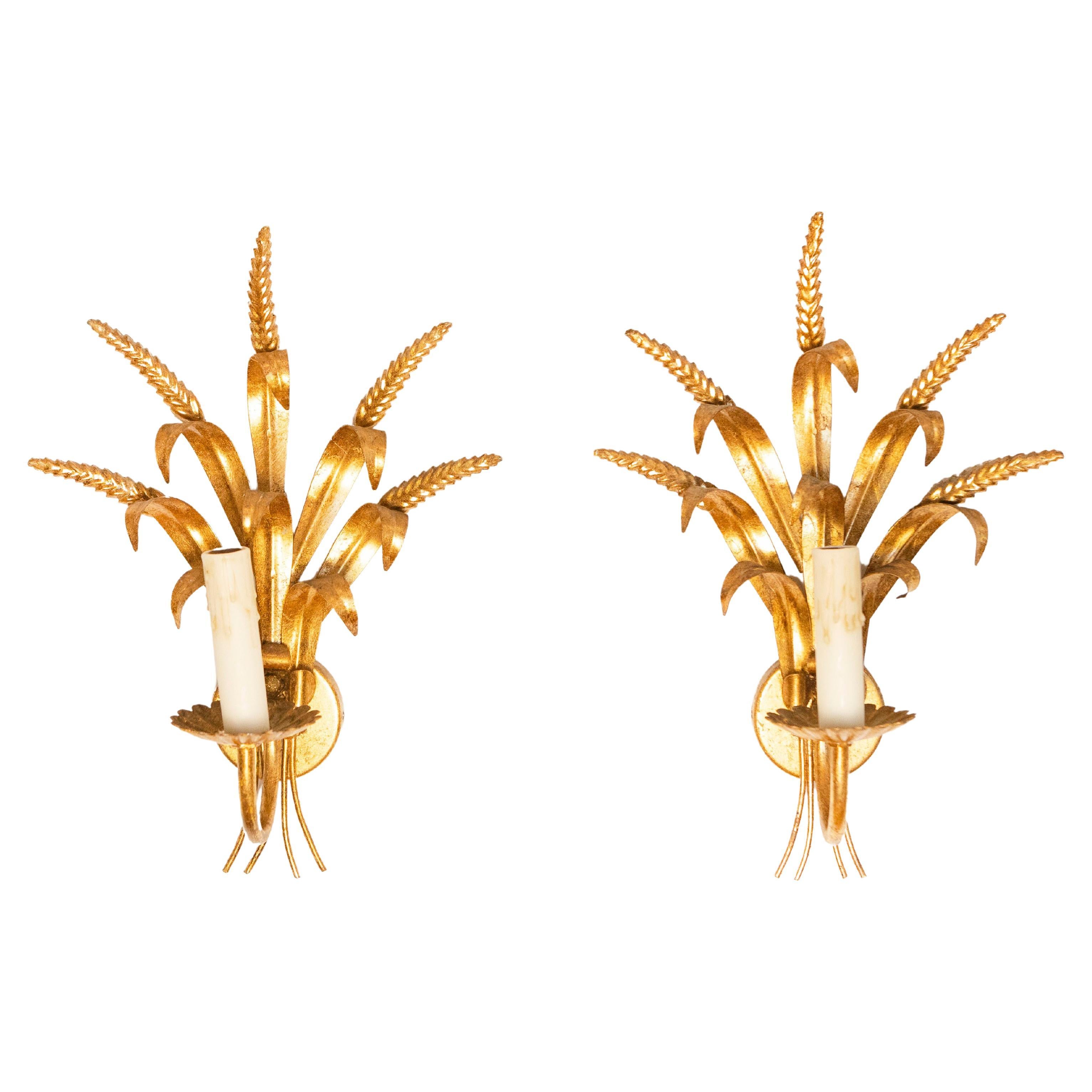 Pair of French Gilt Metal Ear of Wheat Sconces Inspired By Coco Chanel, Wired