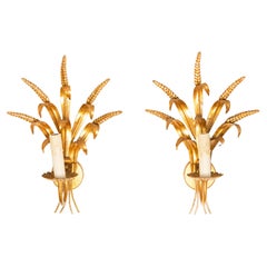 Vintage Pair of French Gilt Metal Ear of Wheat Sconces Inspired By Coco Chanel, Wired