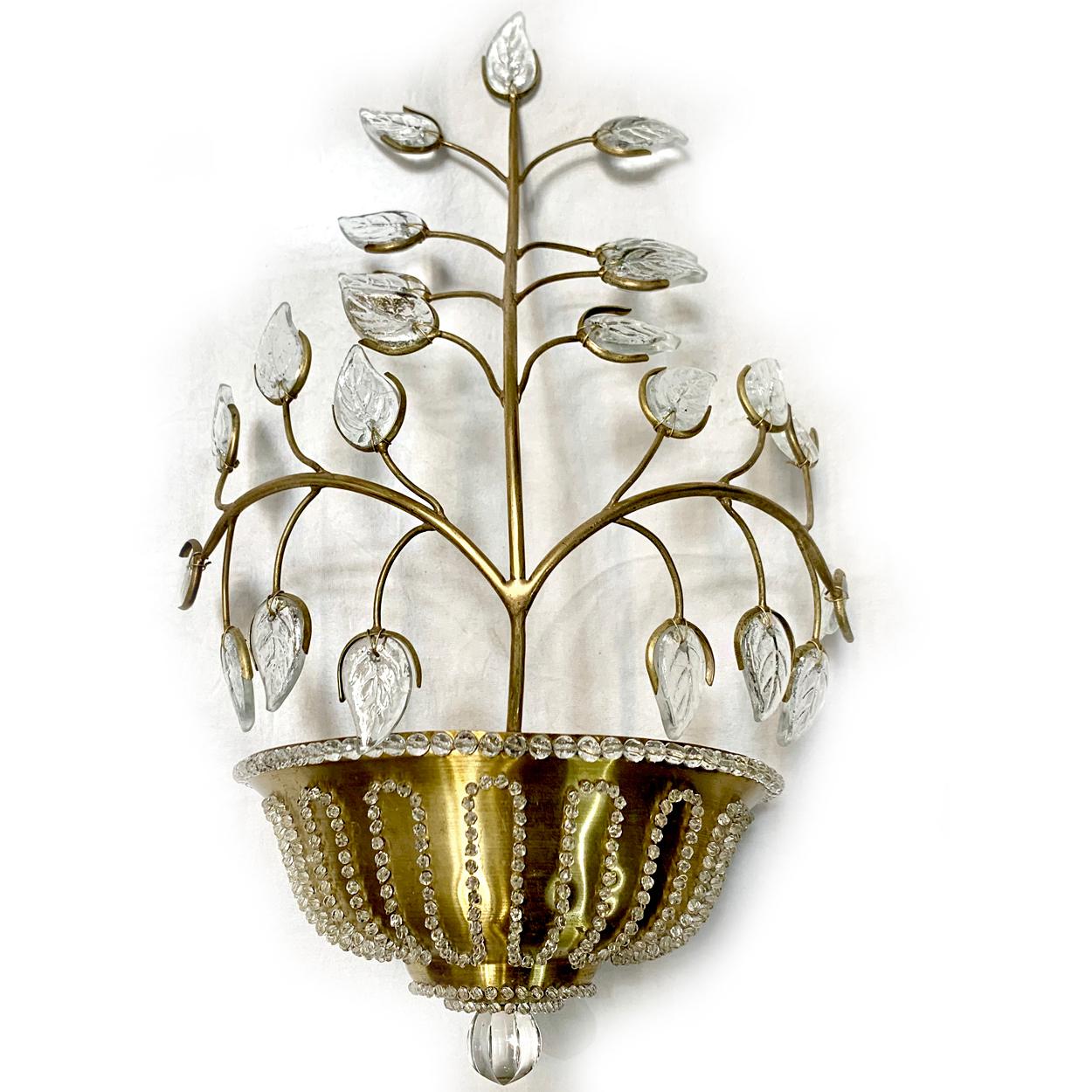 Beaded Pair of French Gilt Metal Foliage Sconces For Sale