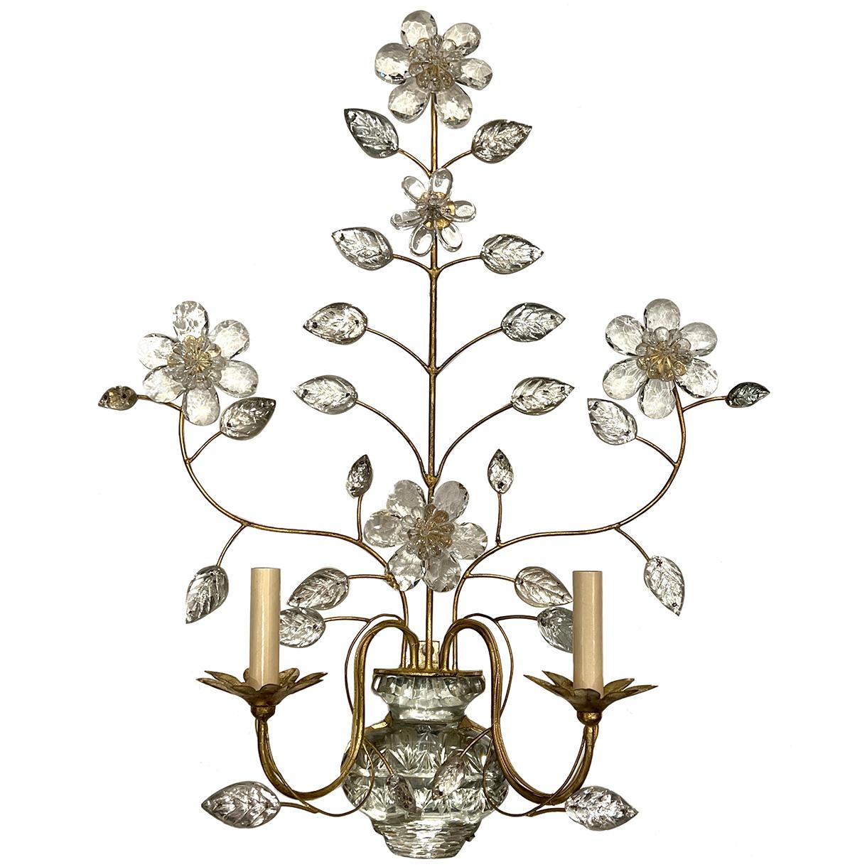 Pair of French circa 1940's gilt metal sconces with molded glass leaves and crystal flower, original finish and patina.

Measurements:
Height: 29