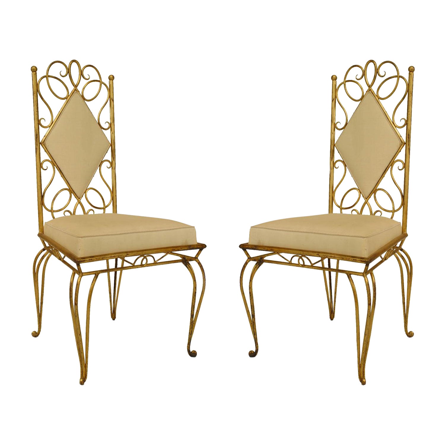 Pair of French Gilt Metal Scroll Side Chairs For Sale