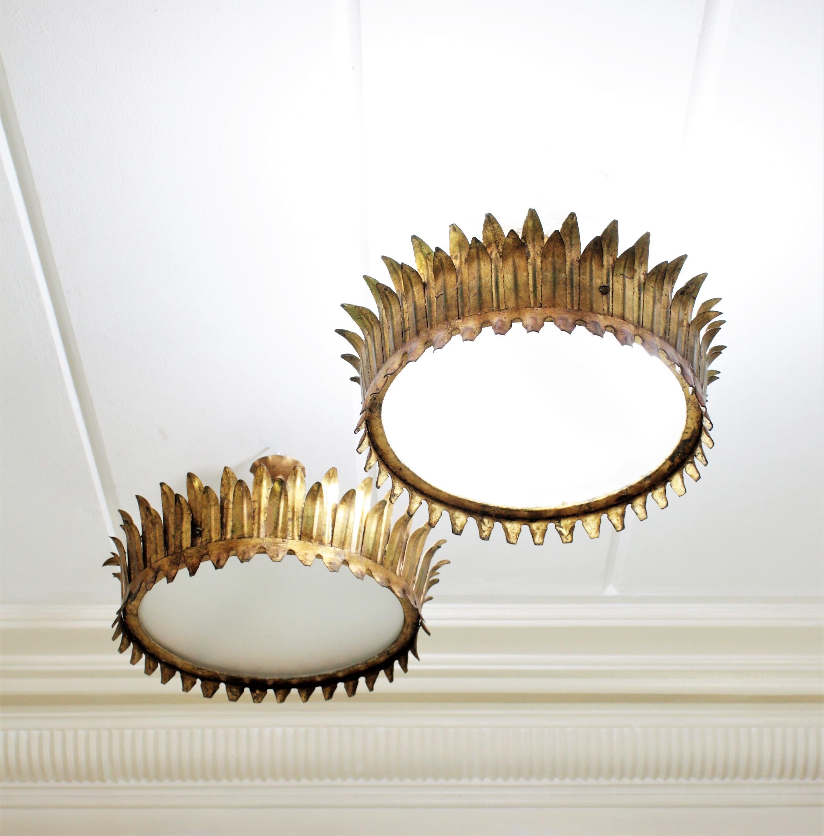 Pair of French Gilt Metal Sunburst Crown Ceiling Light Fixtures or Pendants 2