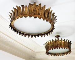 Pair of French Gilt Metal Sunburst Crown Ceiling Light Fixtures or Pendants