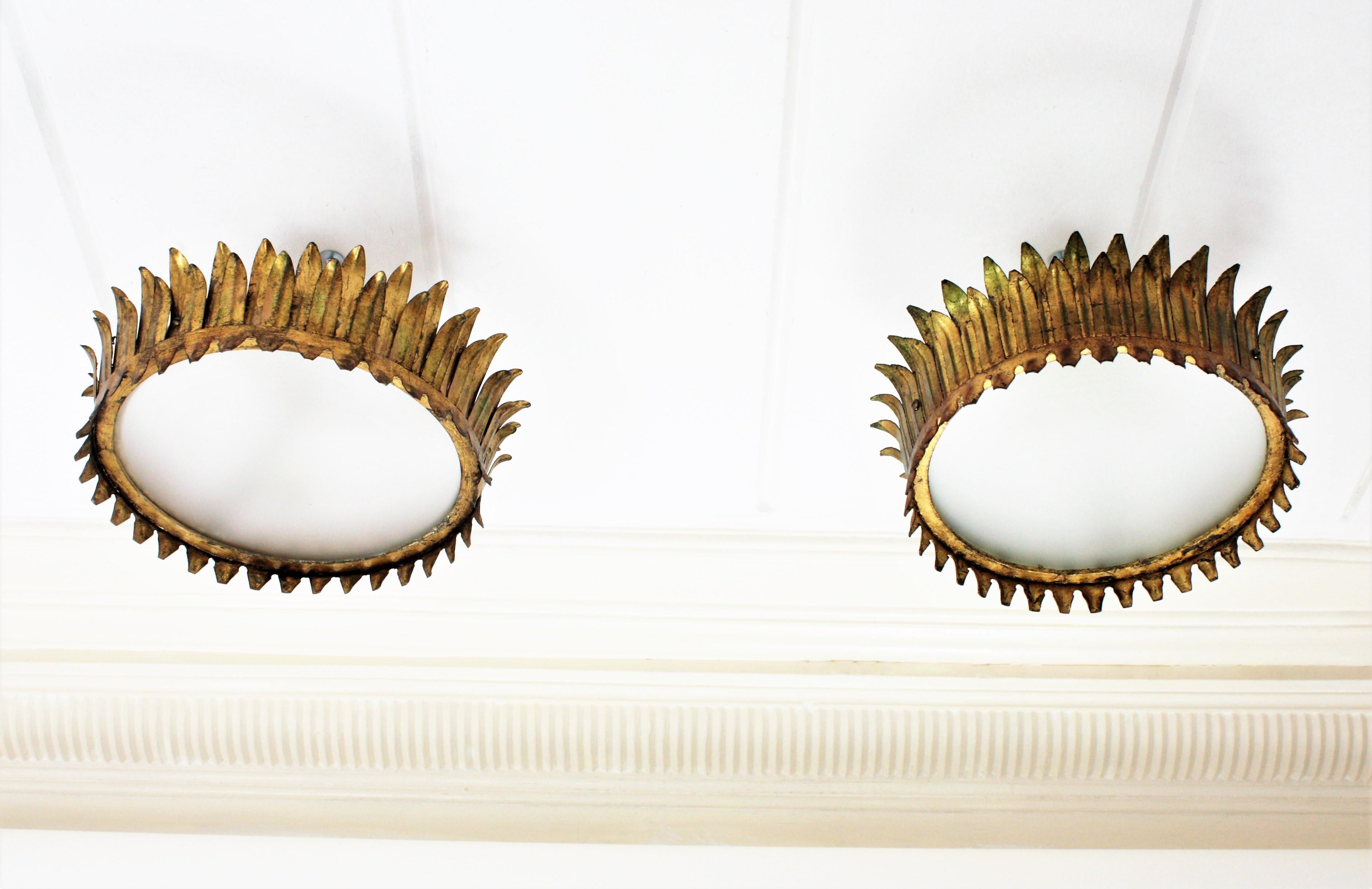 Neoclassical Revival Pair of French Gilt Metal Sunburst Crown Ceiling Light Fixtures or Pendants