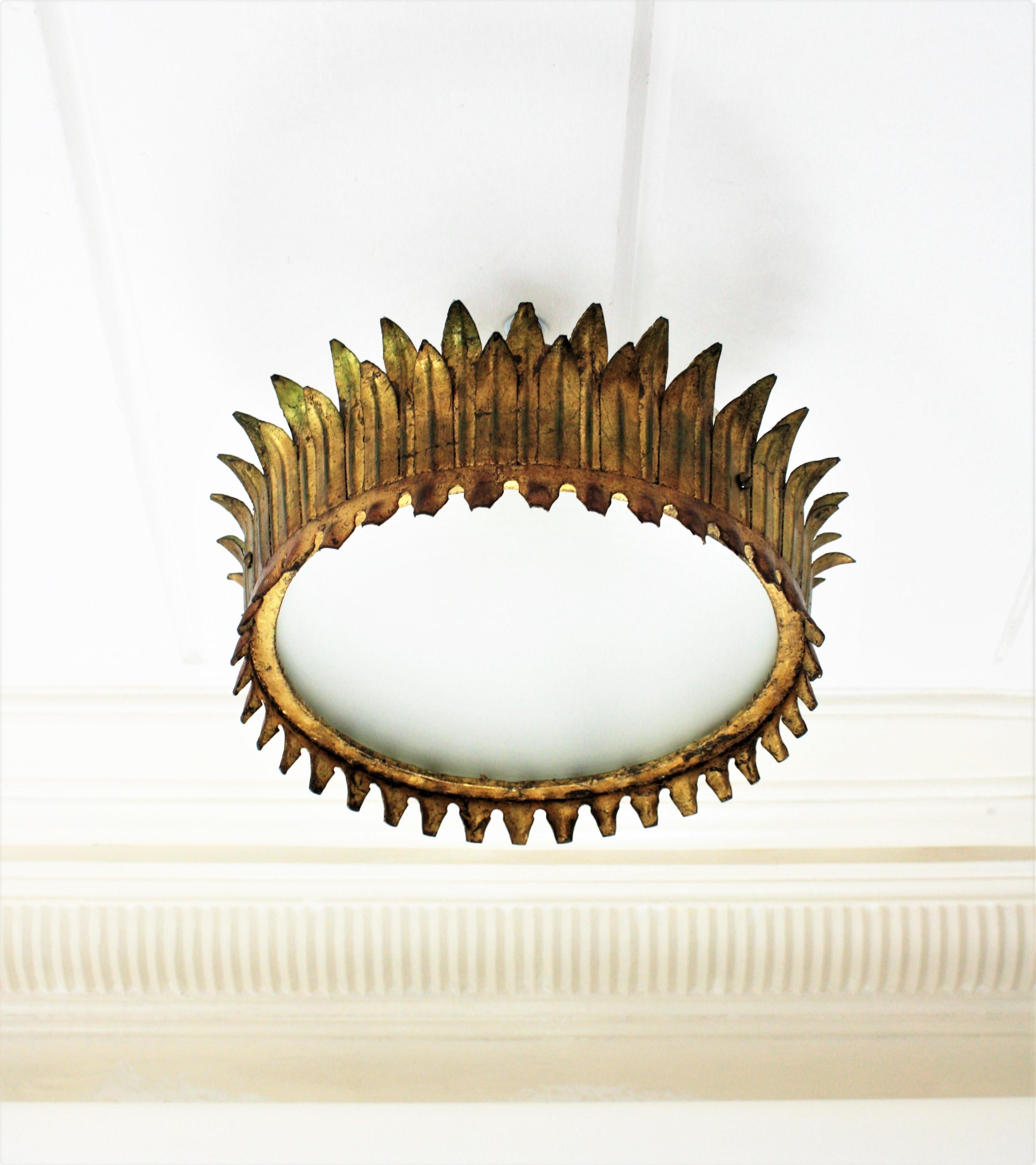 Frosted Pair of French Gilt Metal Sunburst Crown Ceiling Light Fixtures or Pendants