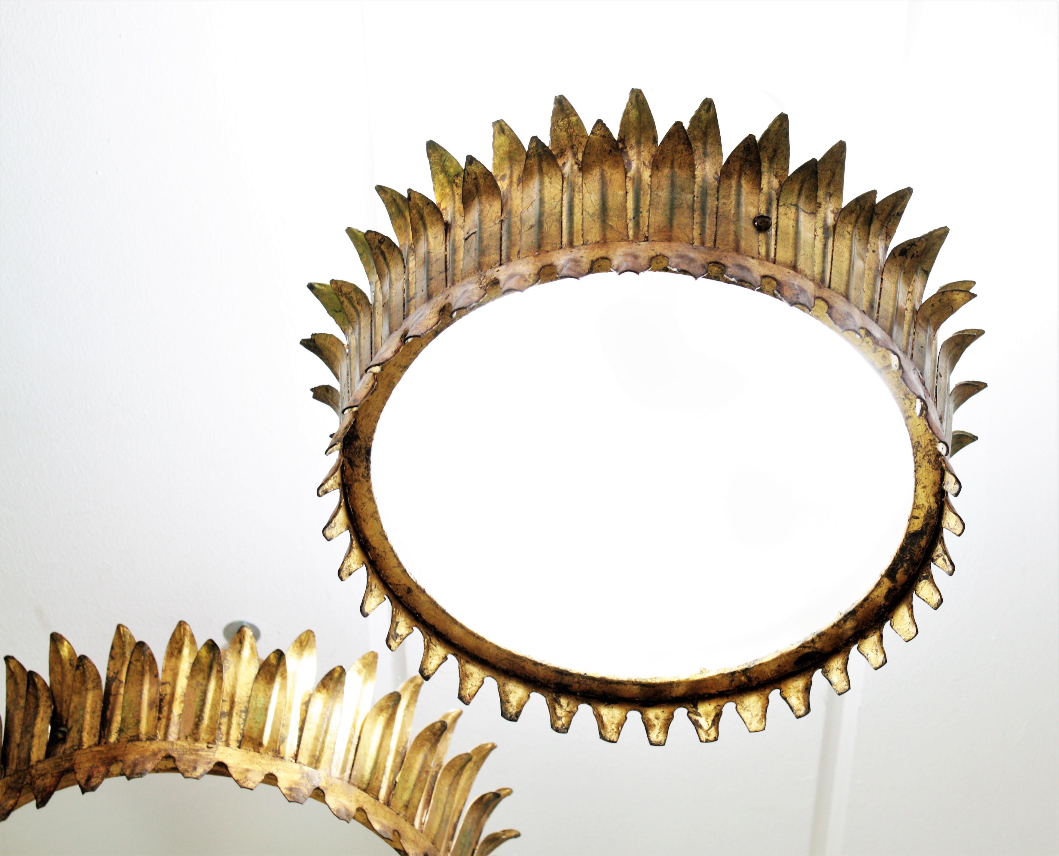 Pair of French Gilt Metal Sunburst Crown Ceiling Light Fixtures or Pendants 1